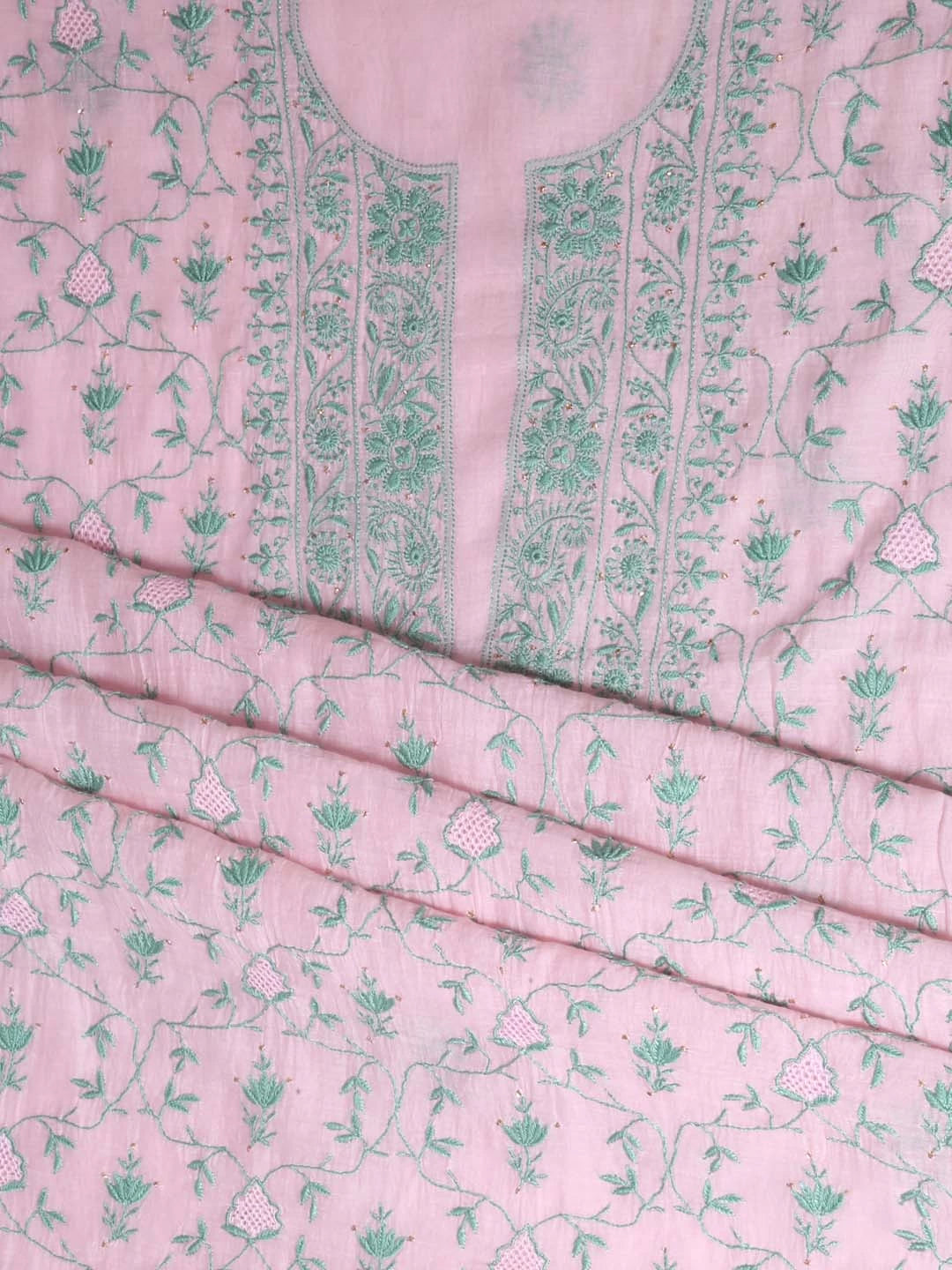 Ada Hand Embroidered Spanish Pink Chanderi Lucknowi Chikankari Unstitched Kurta Dupatta Set With Muqaish Work 01A396490