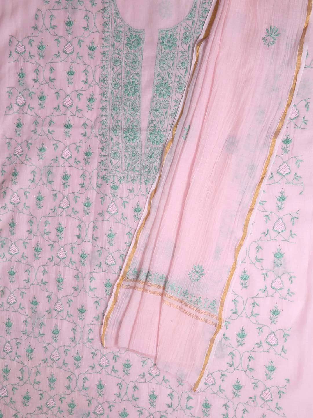Ada Hand Embroidered Spanish Pink Chanderi Lucknowi Chikankari Unstitched Kurta Dupatta Set With Muqaish Work 01A396490