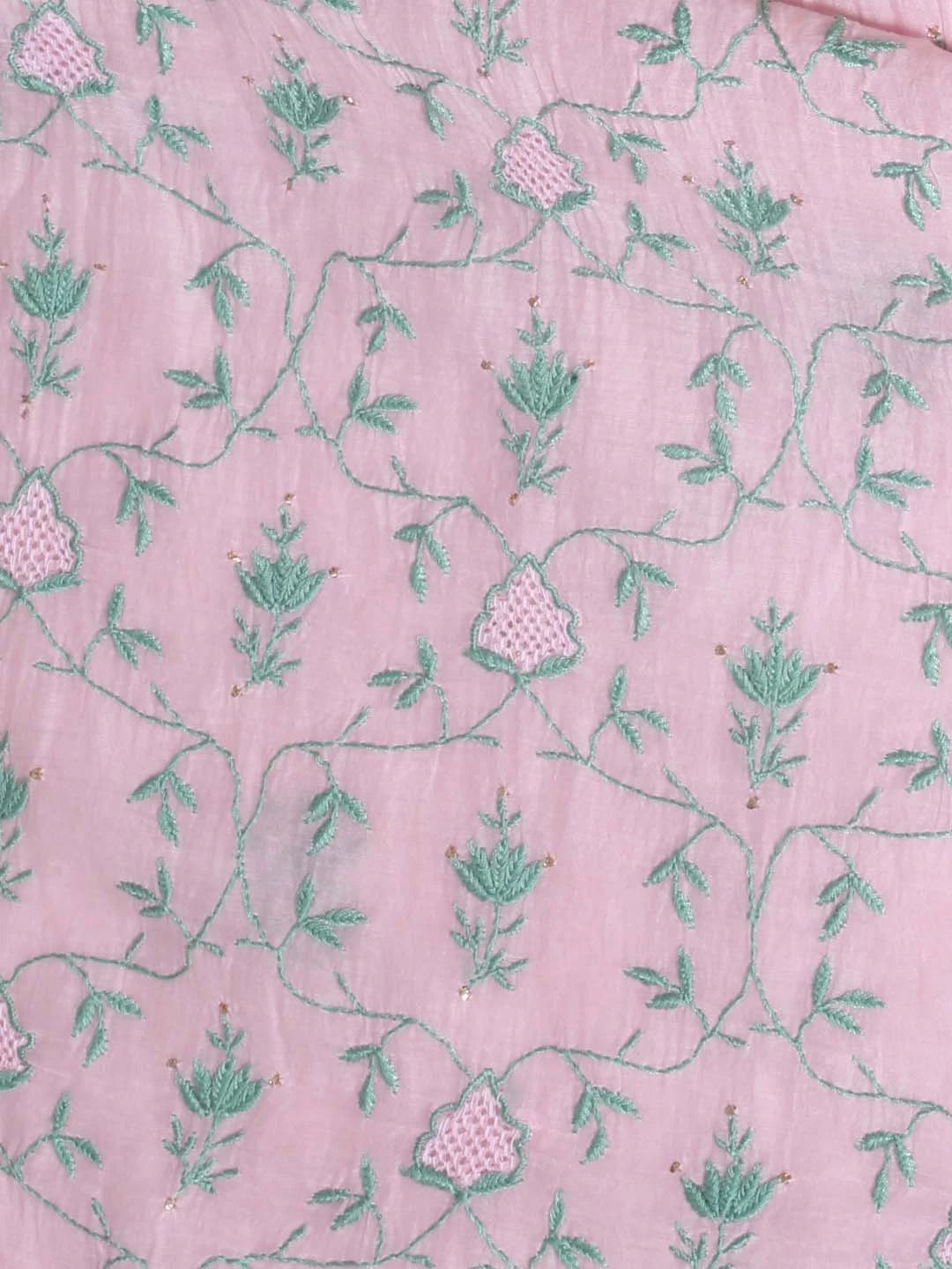 Ada Hand Embroidered Spanish Pink Chanderi Lucknowi Chikankari Unstitched Kurta Dupatta Set With Muqaish Work 01A396490