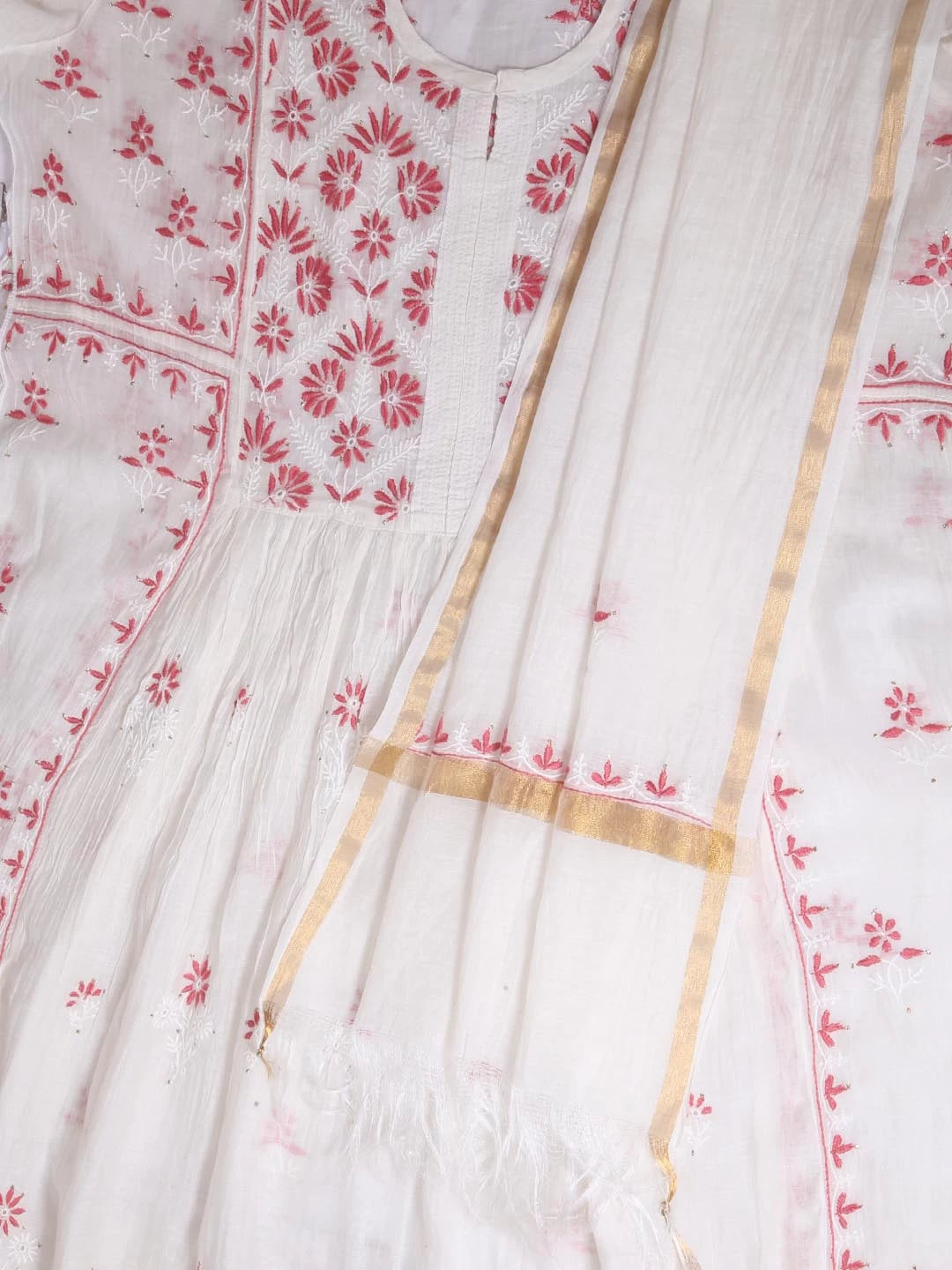 Ada Hand Embroidered Off White Chanderi Lucknowi Chikankari Semi-stitched Kurta Dupatta Set With Mukaish Work 01A395832