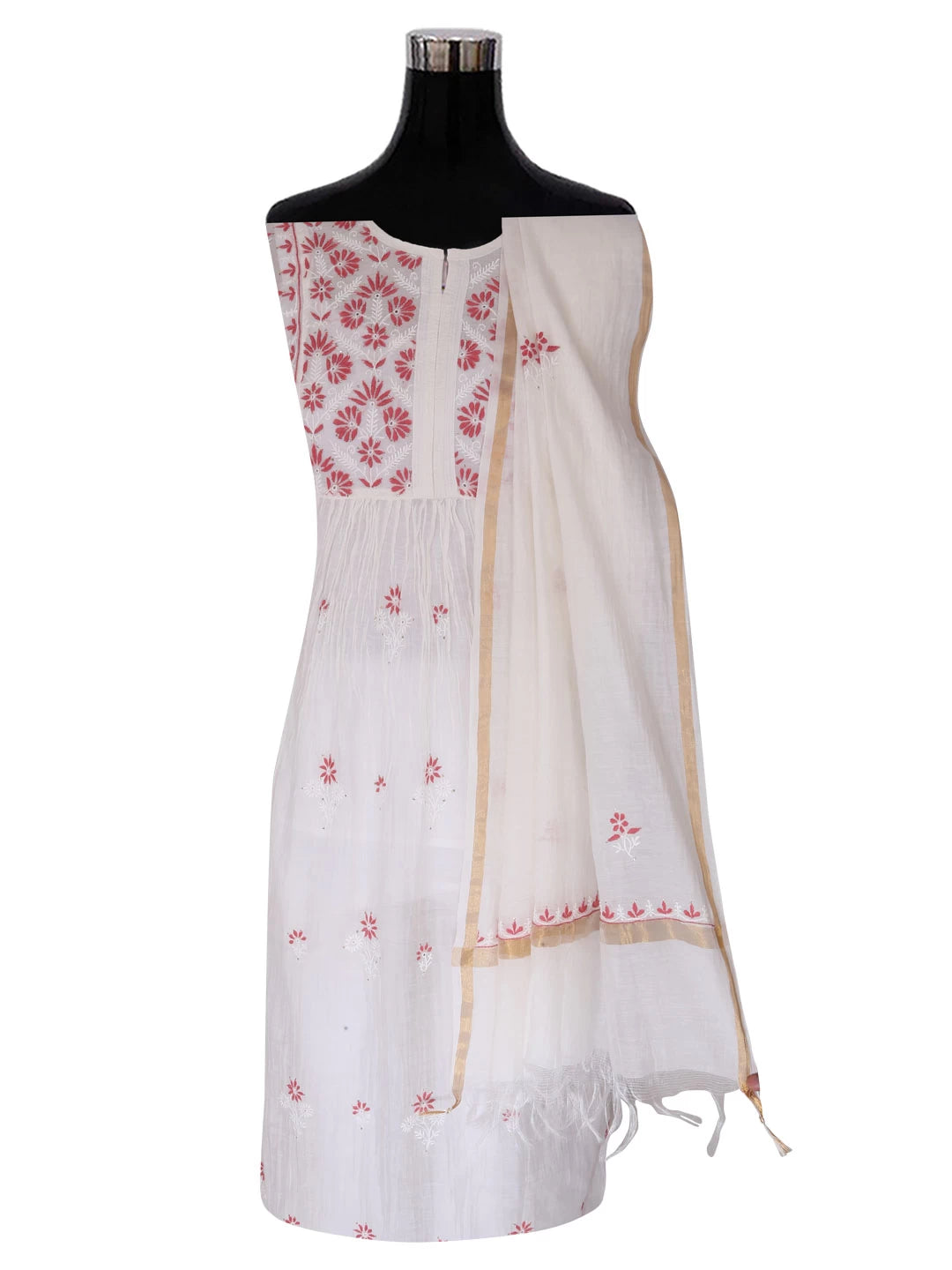 Ada Hand Embroidered Off White Chanderi Lucknowi Chikankari Semi-stitched Kurta Dupatta Set With Mukaish Work 01A395832