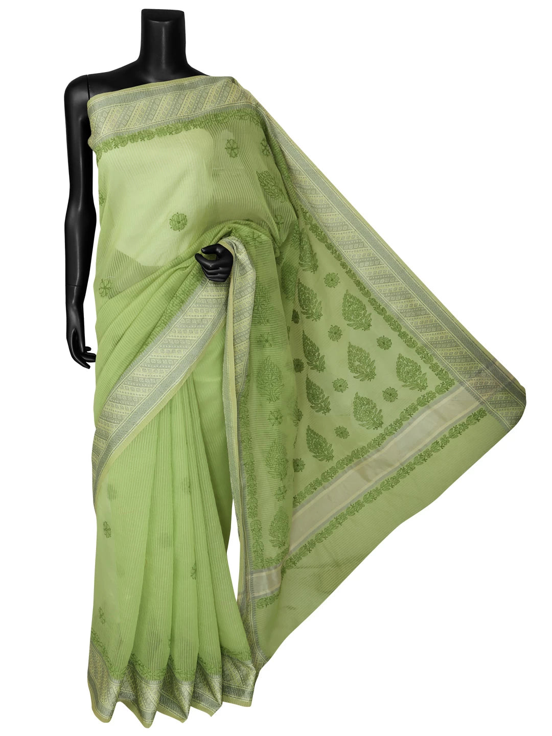 Ada Hand Embroidered Green Chanderi Lucknowi Chikankari Saree With Blouse 01A401913