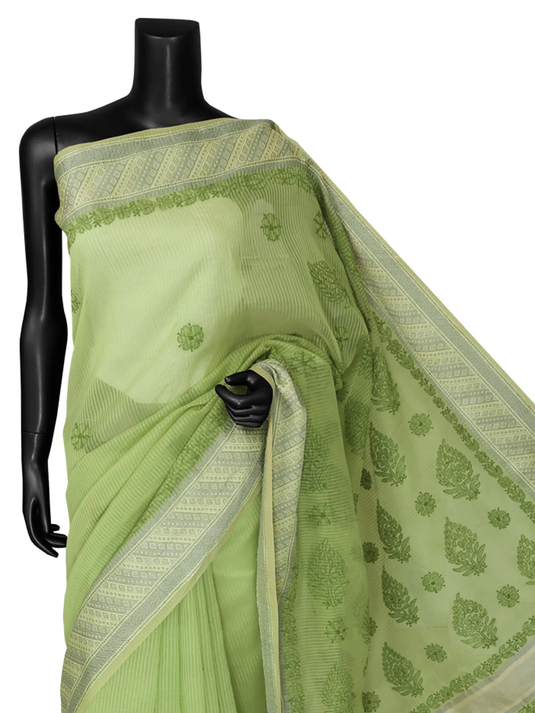 Ada Hand Embroidered Green Chanderi Lucknowi Chikankari Saree With Blouse 01A401913