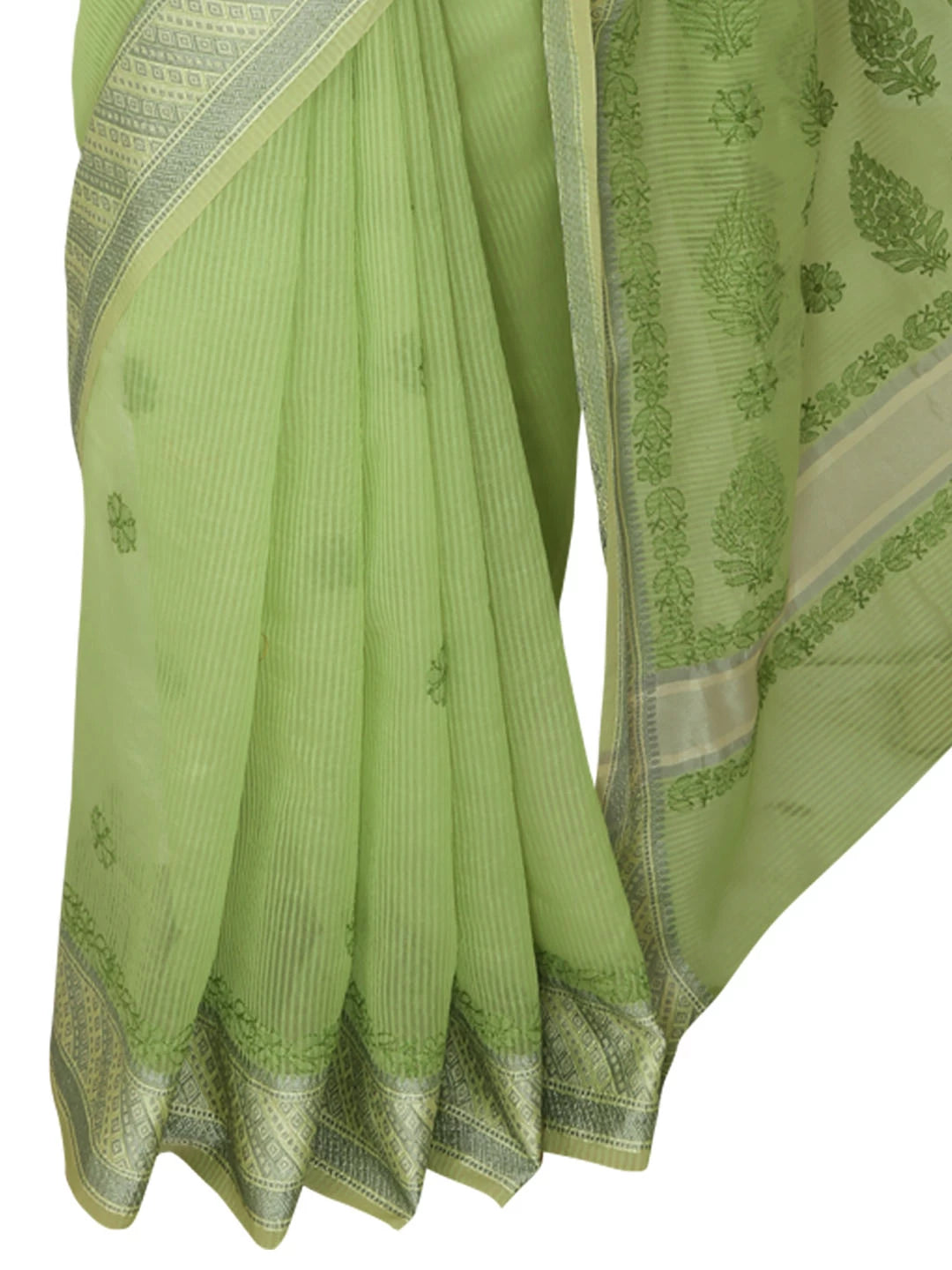 Ada Hand Embroidered Green Chanderi Lucknowi Chikankari Saree With Blouse 01A401913