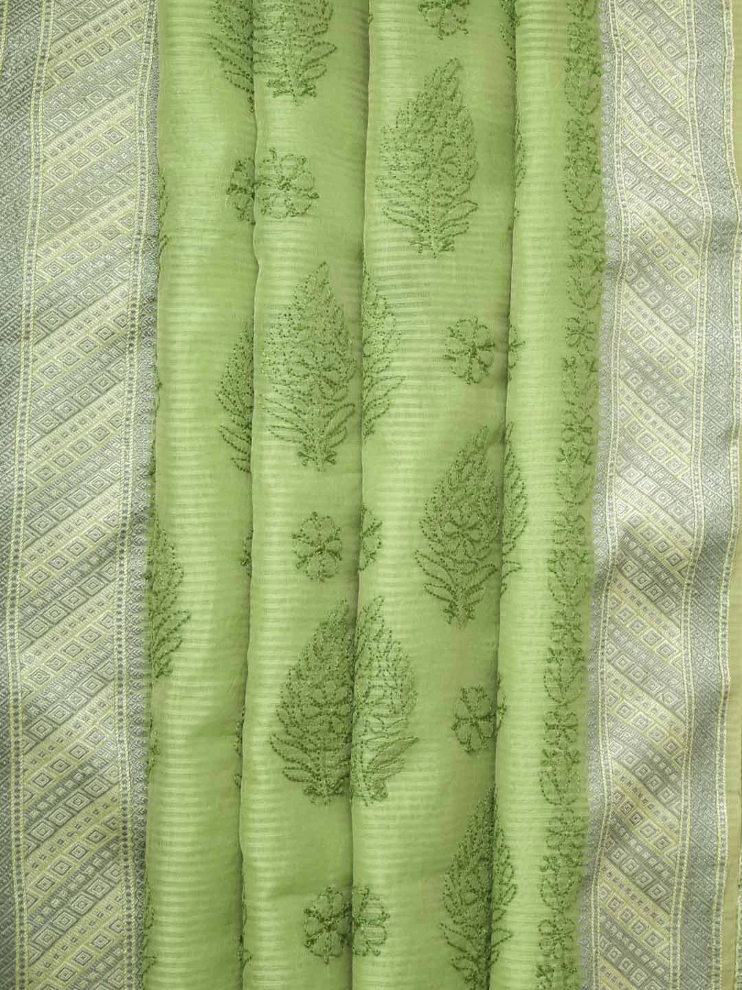 Ada Hand Embroidered Green Chanderi Lucknowi Chikankari Saree With Blouse 01A401913
