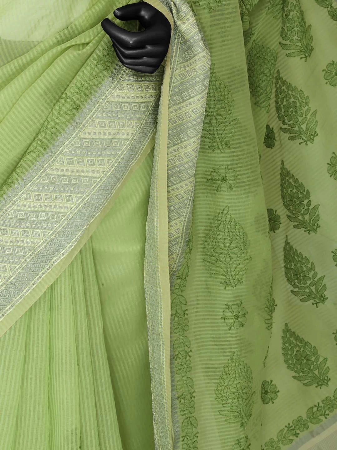 Ada Hand Embroidered Green Chanderi Lucknowi Chikankari Saree With Blouse 01A401913