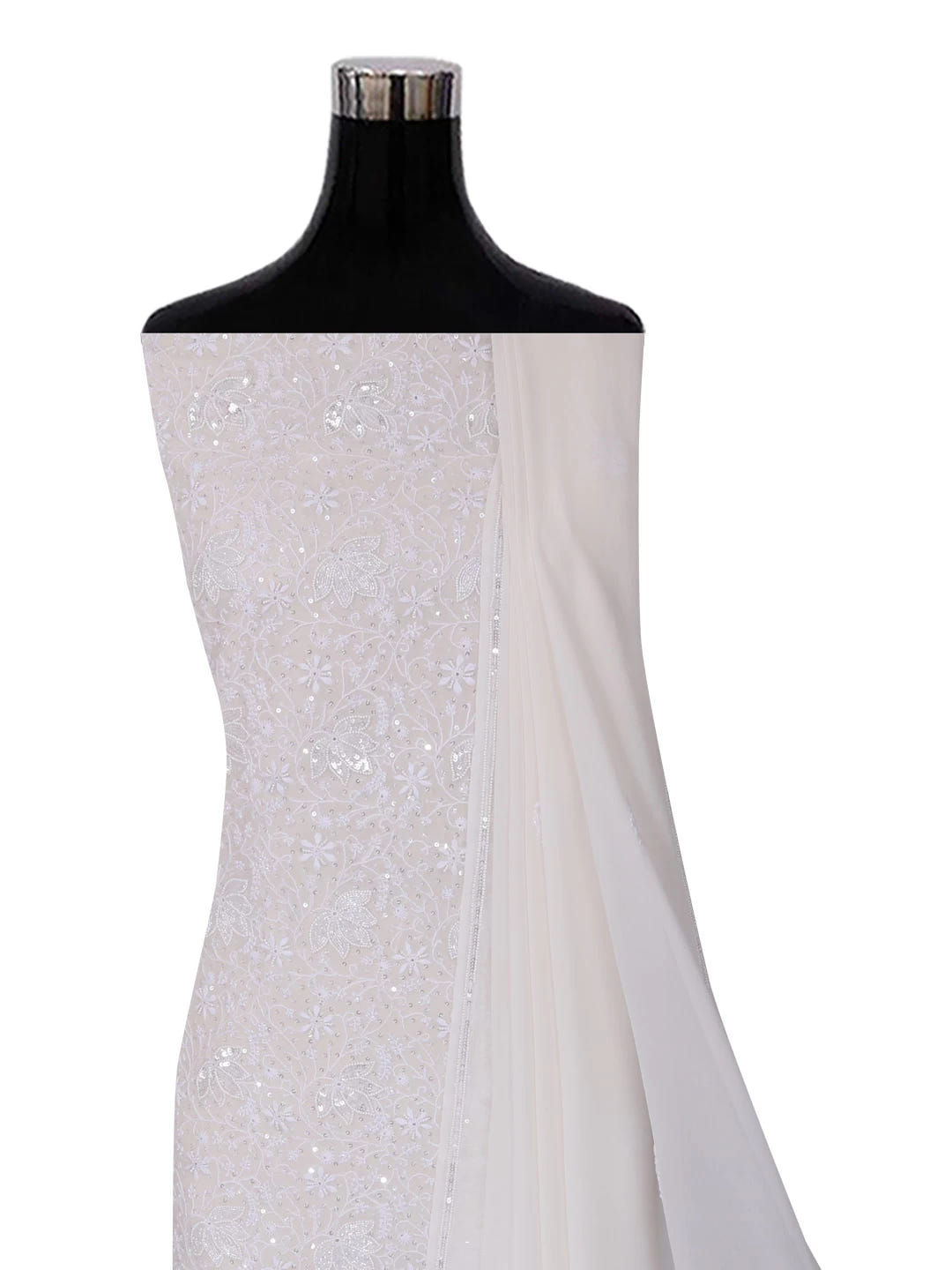 Ada Hand Embroidered White Pure Georgette Lucknowi Chikankari Unstitched Kurta Dupatta Set With Pearl Work 01A403806