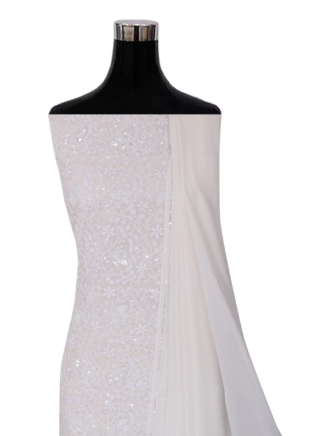Ada Hand Embroidered White Pure Georgette Lucknowi Chikankari Unstitched Kurta Dupatta Set With Pearl Work 01A403806
