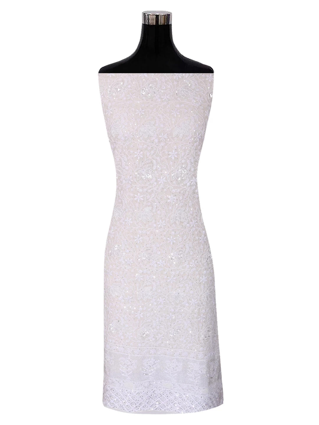 Ada Hand Embroidered White Pure Georgette Lucknowi Chikankari Unstitched Kurta Dupatta Set With Pearl Work 01A403806