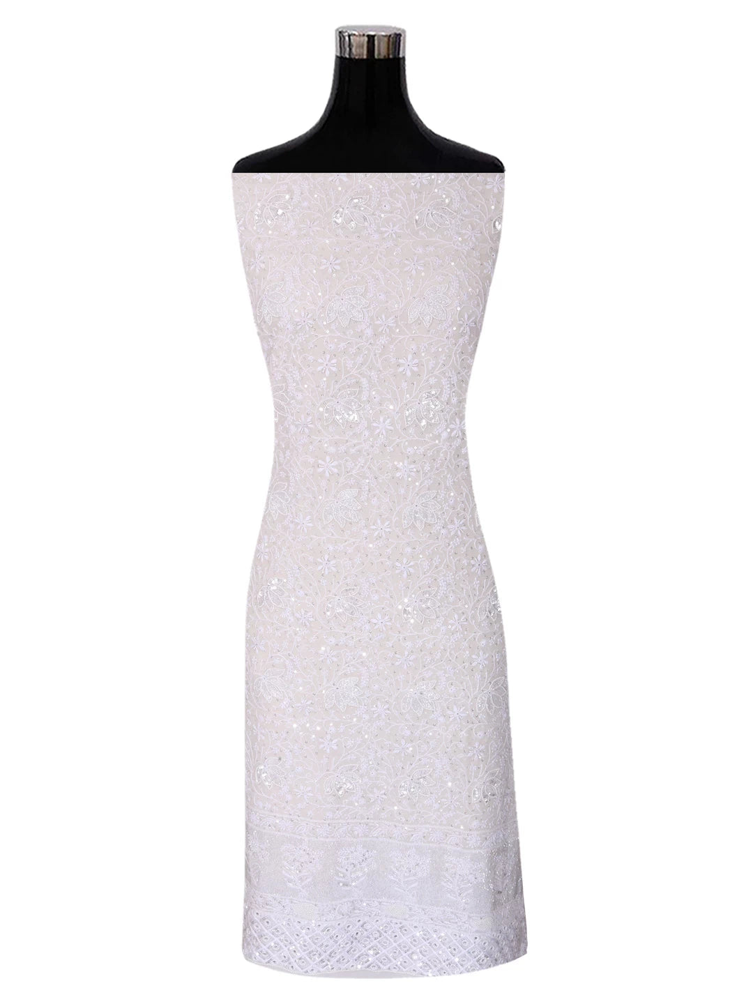 Ada Hand Embroidered White Pure Georgette Lucknowi Chikankari Unstitched Kurta Dupatta Set With Pearl Work 01A403806