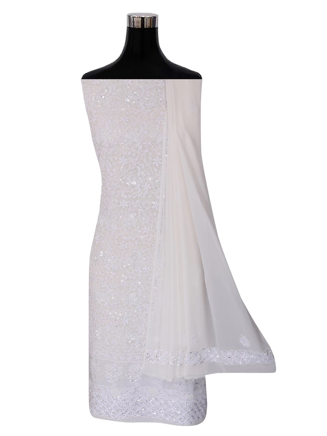 Ada Hand Embroidered White Pure Georgette Lucknowi Chikankari Unstitched Kurta Dupatta Set With Pearl Work 01A403806