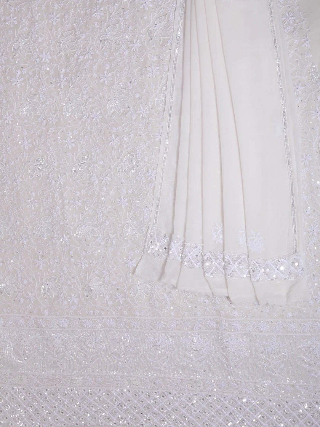 Ada Hand Embroidered White Pure Georgette Lucknowi Chikankari Unstitched Kurta Dupatta Set With Pearl Work 01A403806