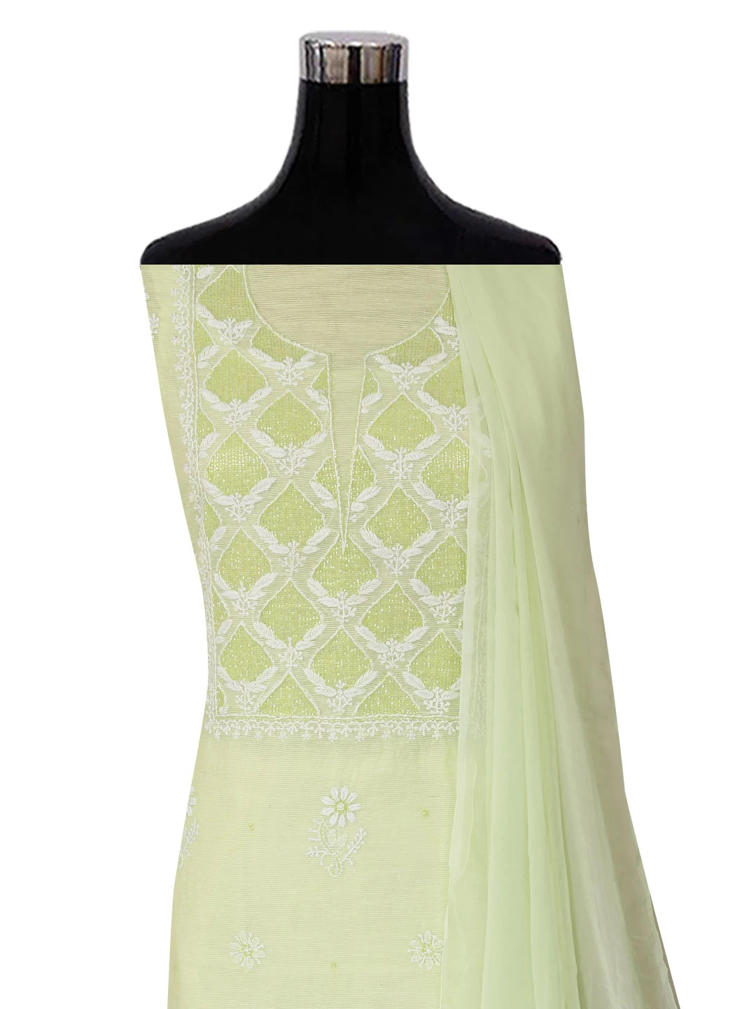 Ada Hand Embroidered Lime Green Super Net Lucknowi Chikankari Unstitched Suit Piece With Cutdana Work 01A401947
