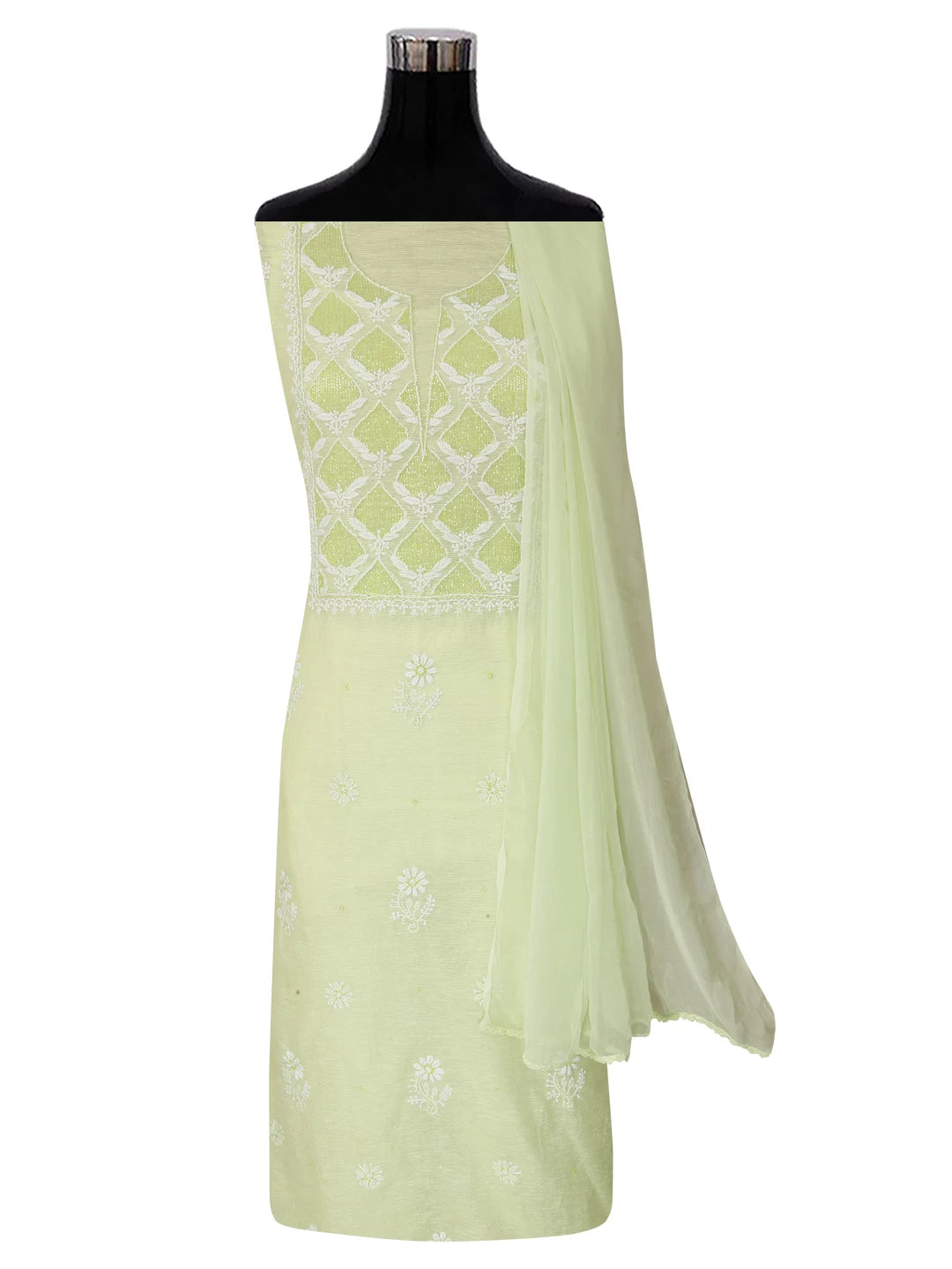 Ada Hand Embroidered Lime Green Super Net Lucknowi Chikankari Unstitched Suit Piece With Cutdana Work 01A401947