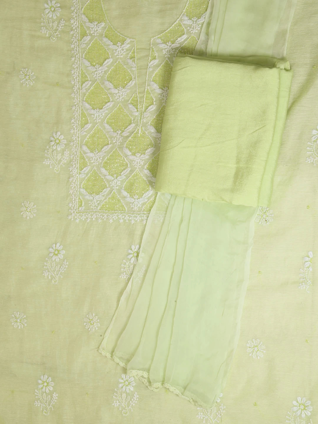 Ada Hand Embroidered Lime Green Super Net Lucknowi Chikankari Unstitched Suit Piece With Cutdana Work 01A401947