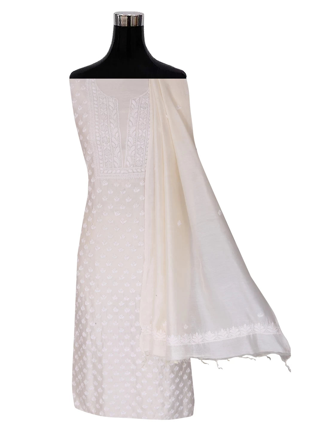 Ada Hand Embroidered Cream Chanderi Lucknowi Chikankari Unstitched Kurta Dupatta Set 01A403076