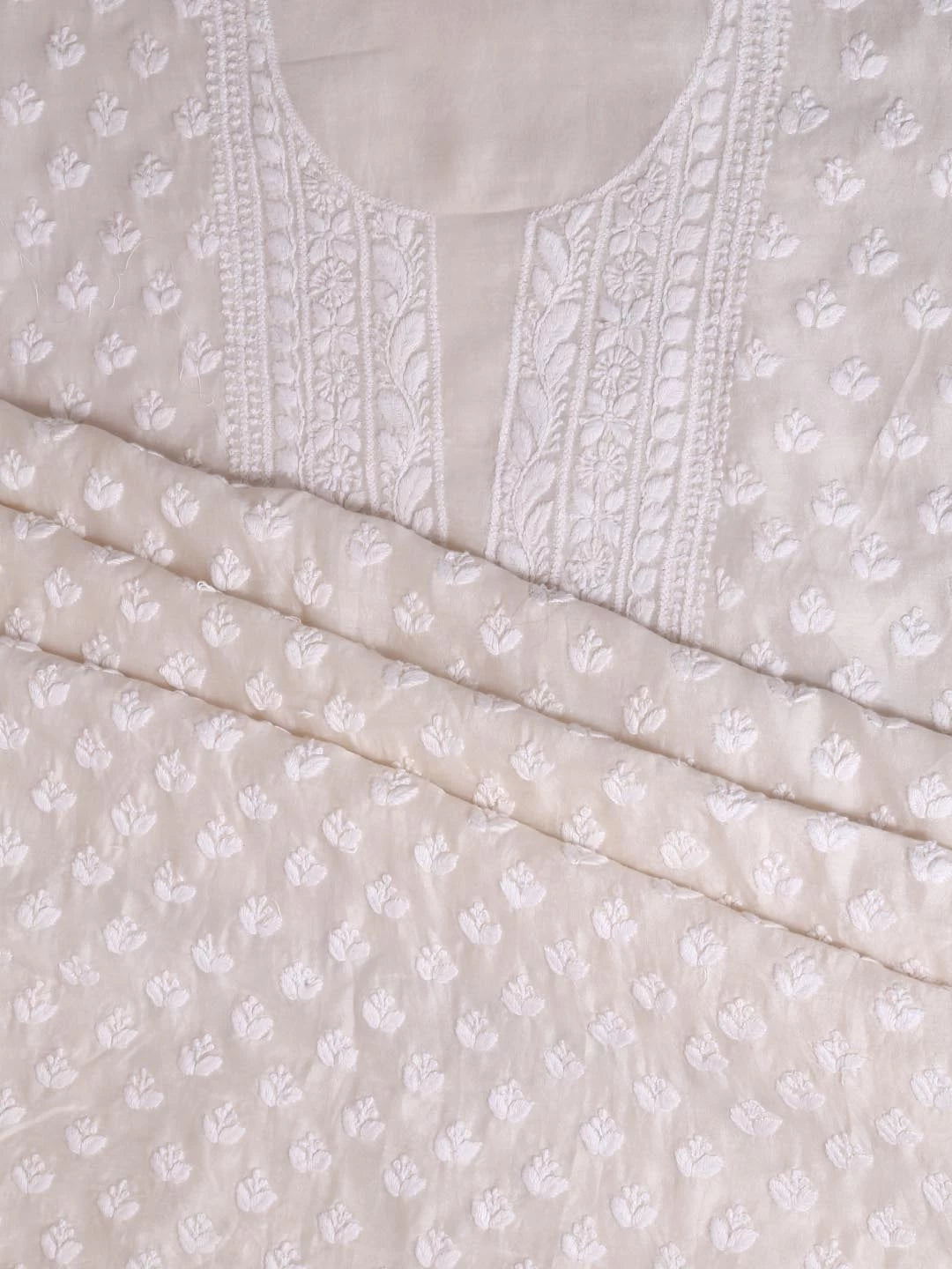 Ada Hand Embroidered Cream Chanderi Lucknowi Chikankari Unstitched Kurta Dupatta Set 01A403076