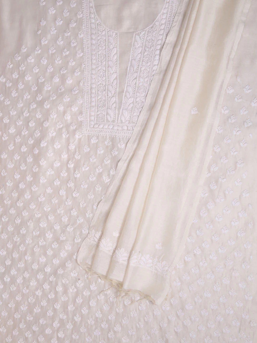 Ada Hand Embroidered Cream Chanderi Lucknowi Chikankari Unstitched Kurta Dupatta Set 01A403076