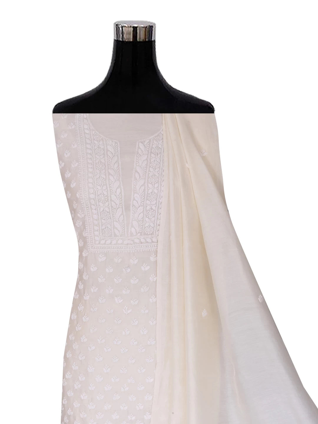 Ada Hand Embroidered Cream Chanderi Lucknowi Chikankari Unstitched Kurta Dupatta Set 01A403076