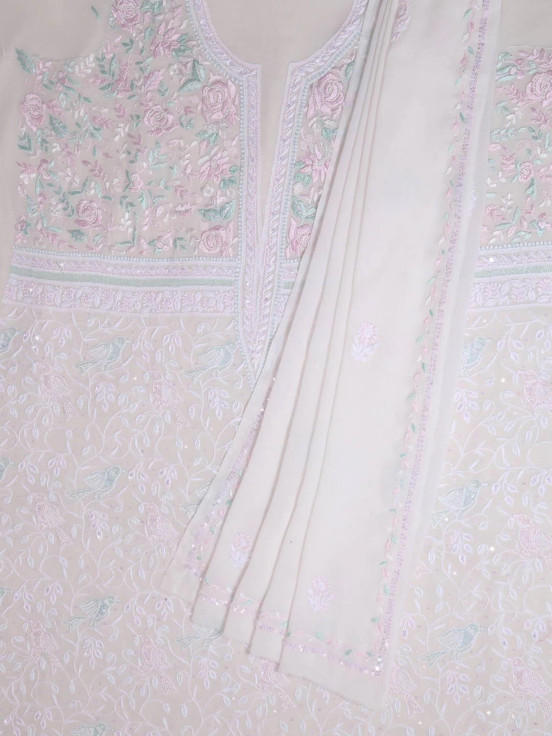 Ada Hand Embroidered White Pure Georgette Lucknowi Chikankari Unstitched Kurta Dupatta Set With Pearl Work 01A403810