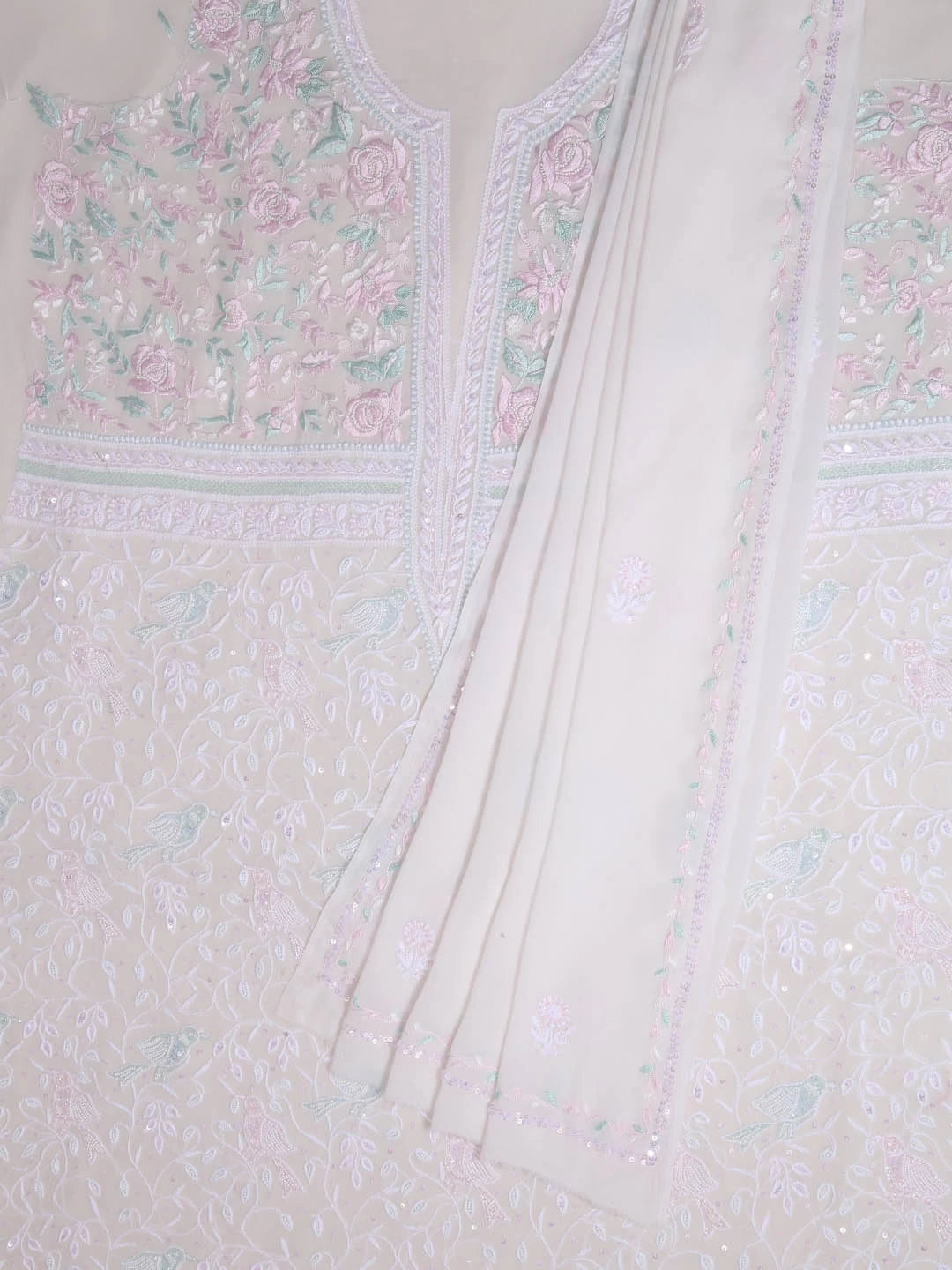 Ada Hand Embroidered White Pure Georgette Lucknowi Chikankari Unstitched Kurta Dupatta Set With Pearl Work 01A403810