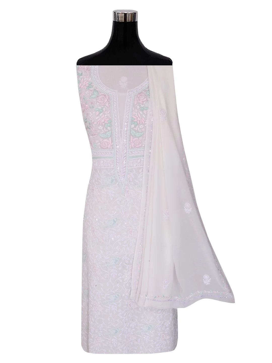 Ada Hand Embroidered White Pure Georgette Lucknowi Chikankari Unstitched Kurta Dupatta Set With Pearl Work 01A403810