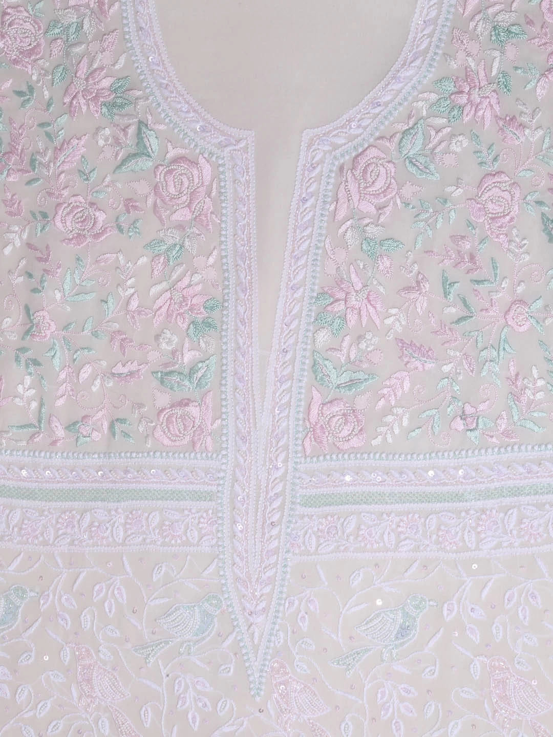 Ada Hand Embroidered White Pure Georgette Lucknowi Chikankari Unstitched Kurta Dupatta Set With Pearl Work 01A403810