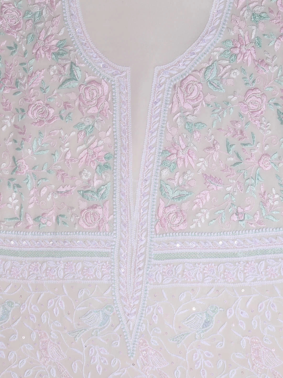 Ada Hand Embroidered White Pure Georgette Lucknowi Chikankari Unstitched Kurta Dupatta Set With Pearl Work 01A403810