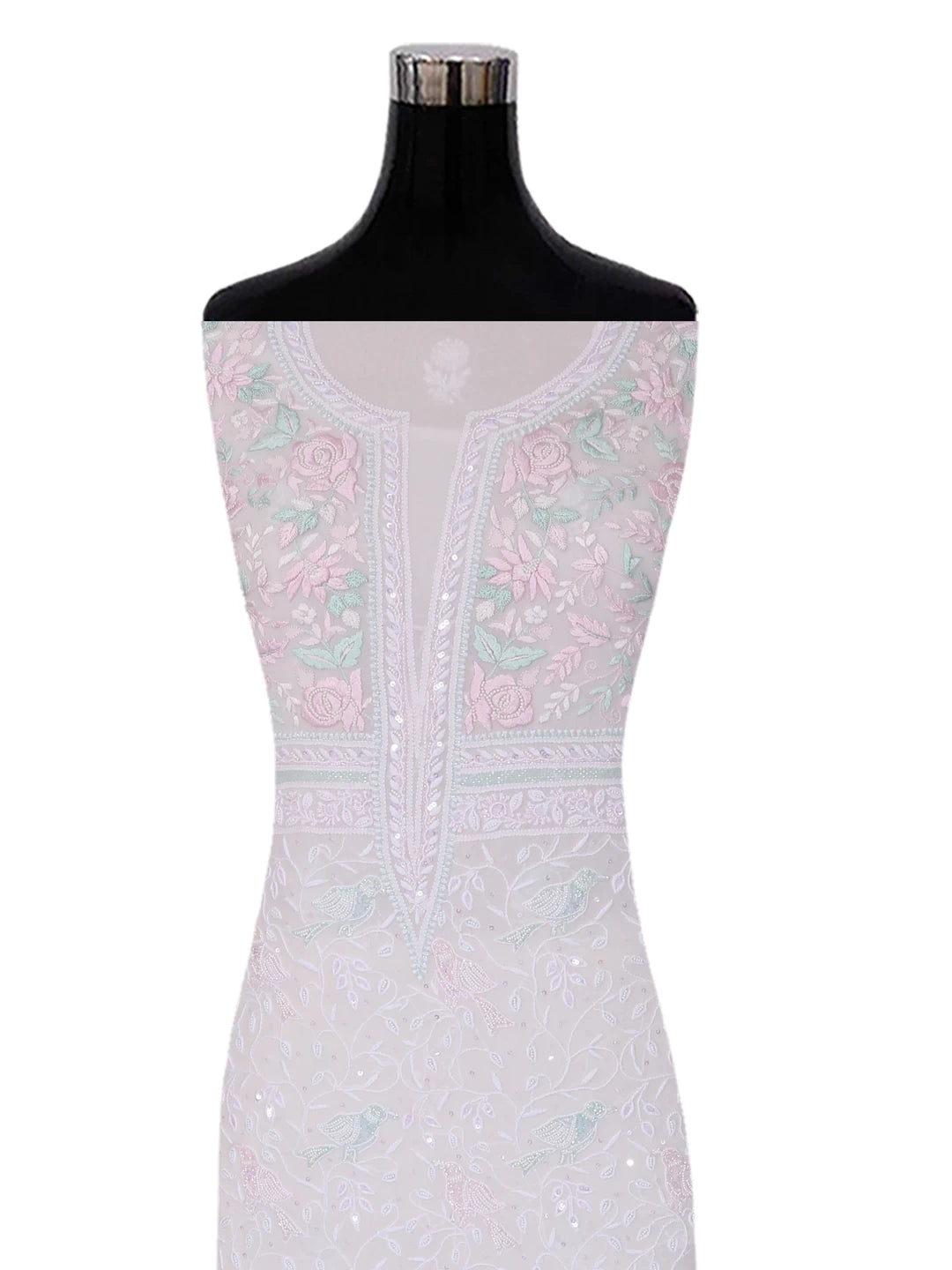 Ada Hand Embroidered White Pure Georgette Lucknowi Chikankari Unstitched Kurta Dupatta Set With Pearl Work 01A403810
