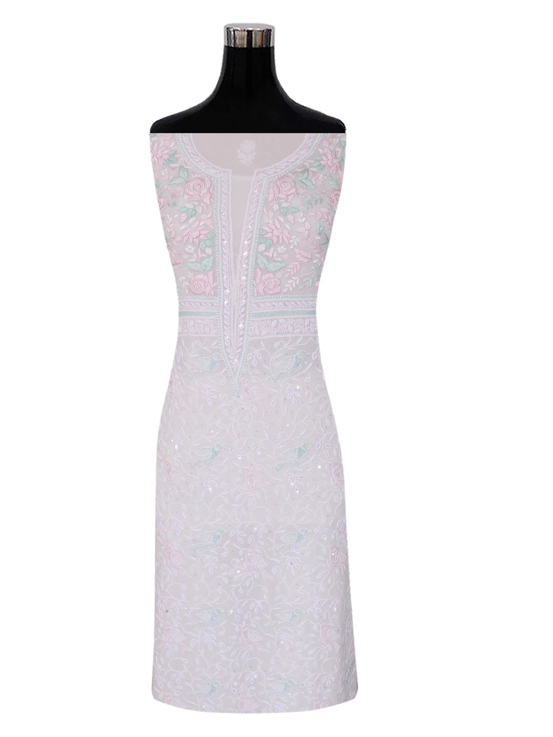 Ada Hand Embroidered White Pure Georgette Lucknowi Chikankari Unstitched Kurta Dupatta Set With Pearl Work 01A403810