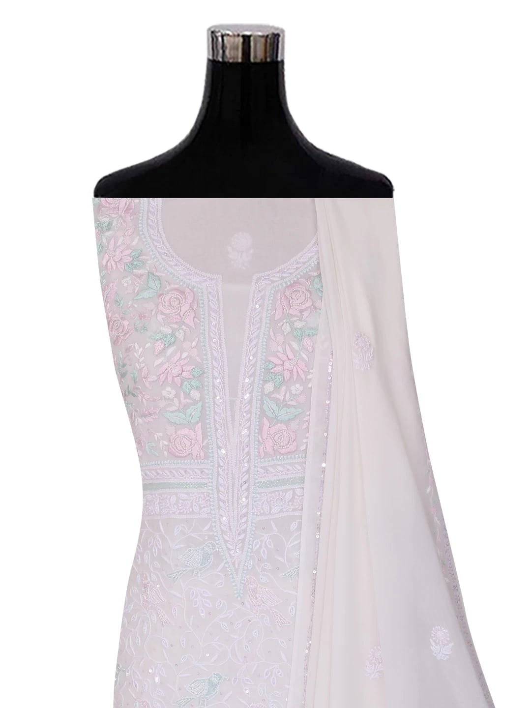 Ada Hand Embroidered White Pure Georgette Lucknowi Chikankari Unstitched Kurta Dupatta Set With Pearl Work 01A403810