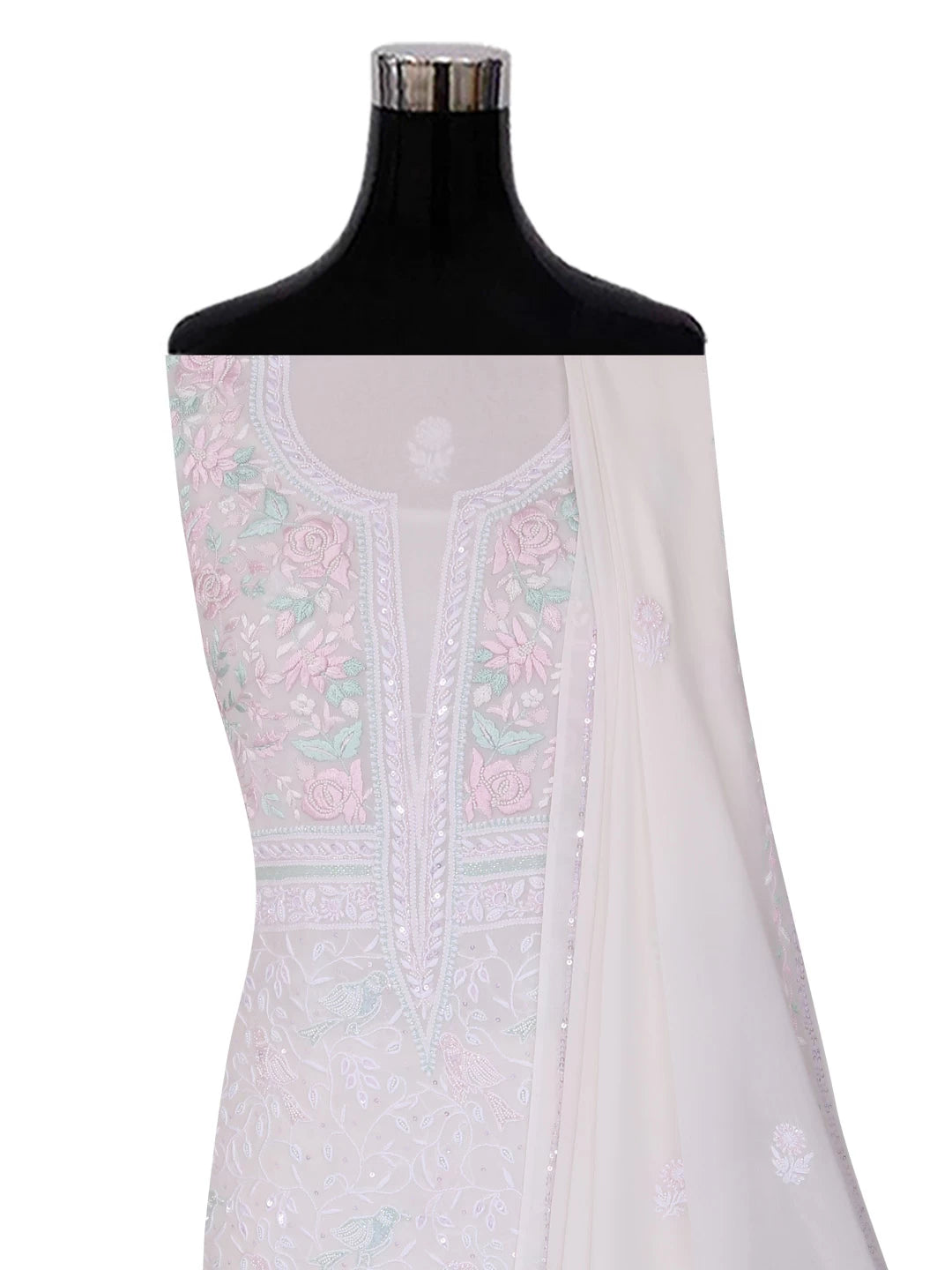 Ada Hand Embroidered White Pure Georgette Lucknowi Chikankari Unstitched Kurta Dupatta Set With Pearl Work 01A403810