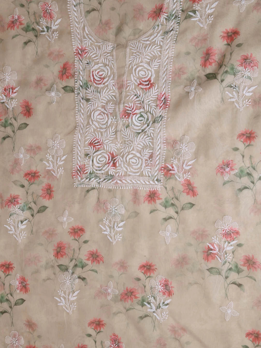 Ada Hand Embroidered Tan Fawn Organza Lucknowi Chikankari Unstitched Kurta Dupatta Set 01A402396