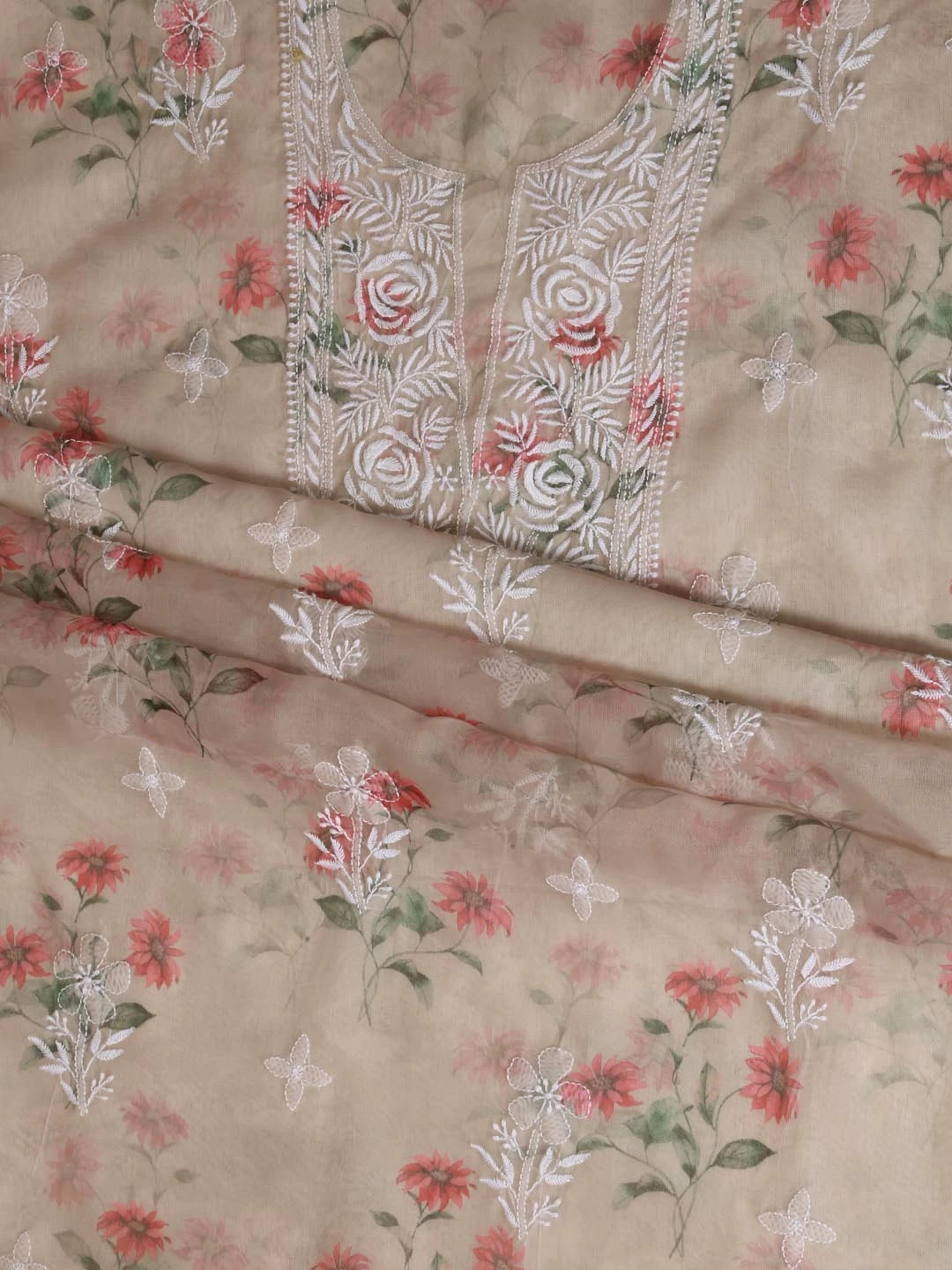 Ada Hand Embroidered Tan Fawn Organza Lucknowi Chikankari Unstitched Kurta Dupatta Set 01A402396