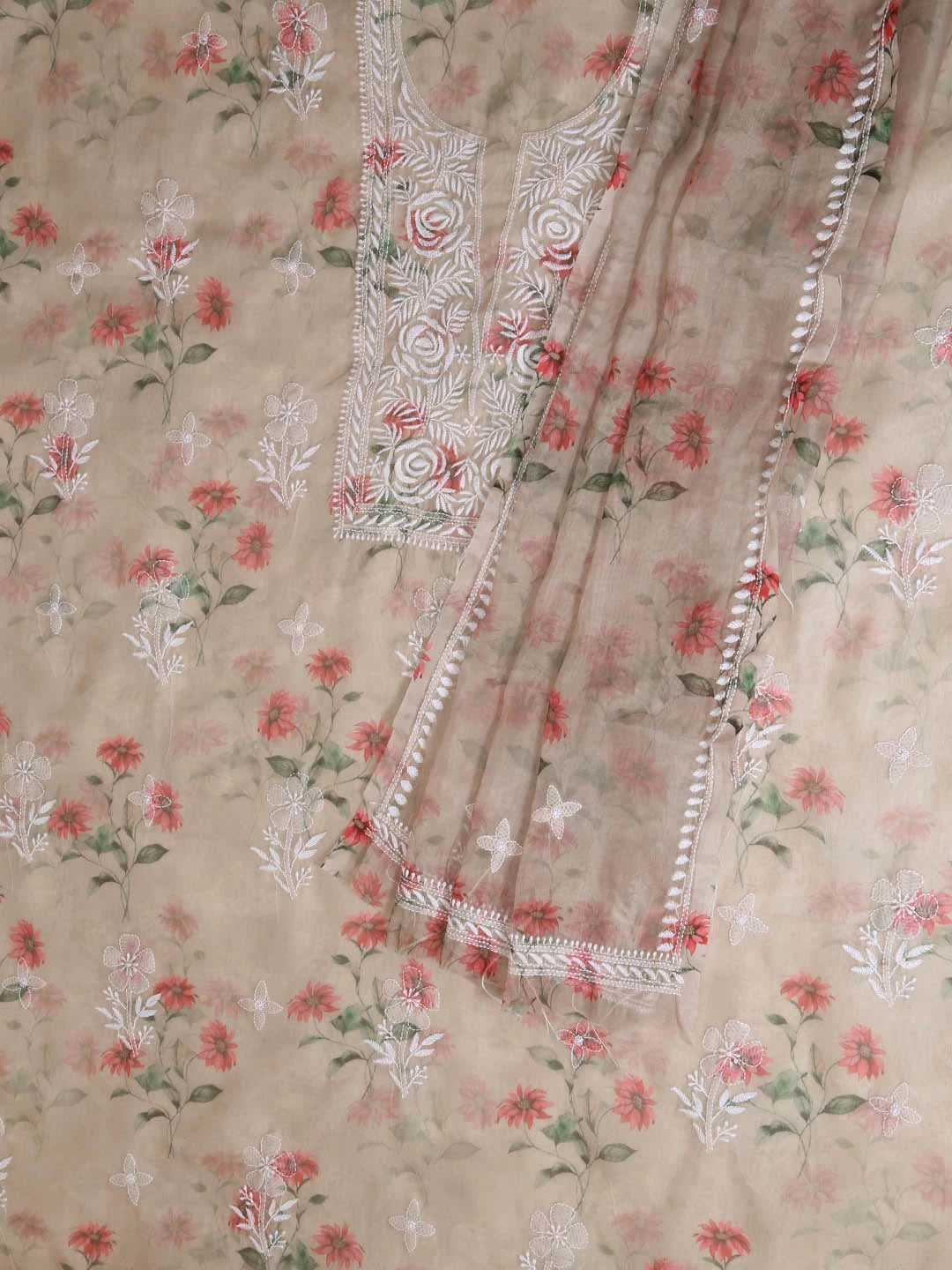 Ada Hand Embroidered Tan Fawn Organza Lucknowi Chikankari Unstitched Kurta Dupatta Set 01A402396