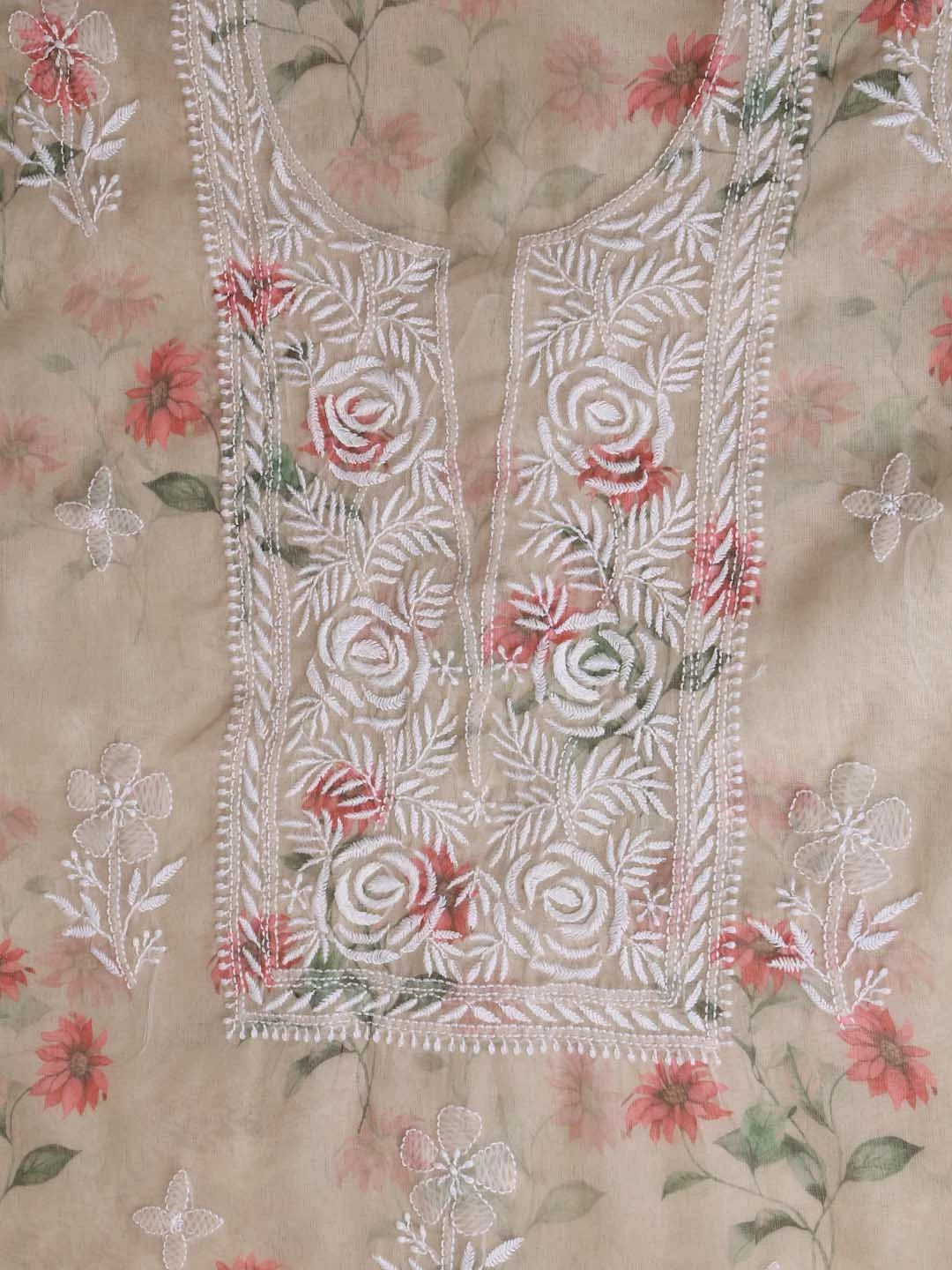 Ada Hand Embroidered Tan Fawn Organza Lucknowi Chikankari Unstitched Kurta Dupatta Set 01A402396