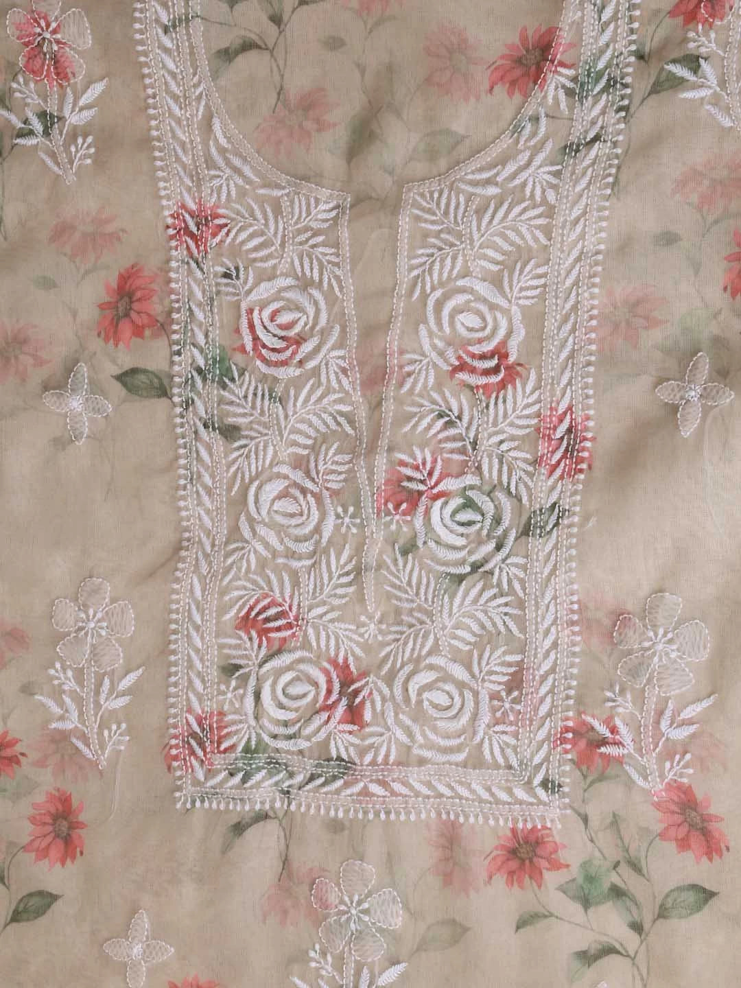 Ada Hand Embroidered Tan Fawn Organza Lucknowi Chikankari Unstitched Kurta Dupatta Set 01A402396