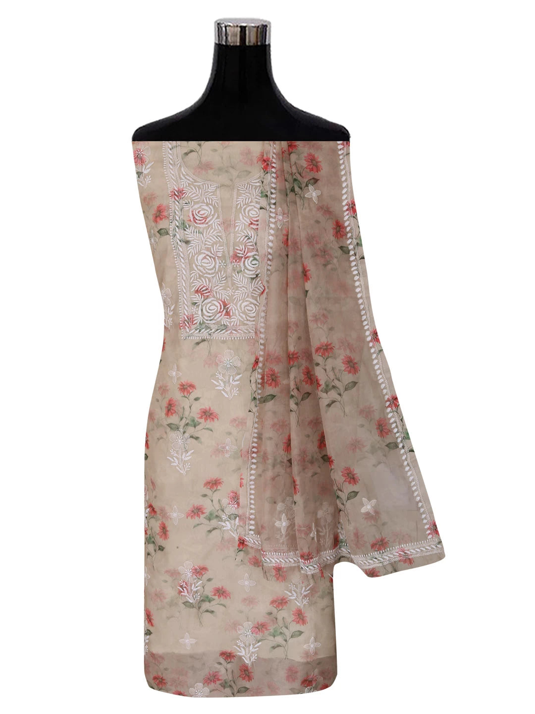 Ada Hand Embroidered Tan Fawn Organza Lucknowi Chikankari Unstitched Kurta Dupatta Set 01A402396