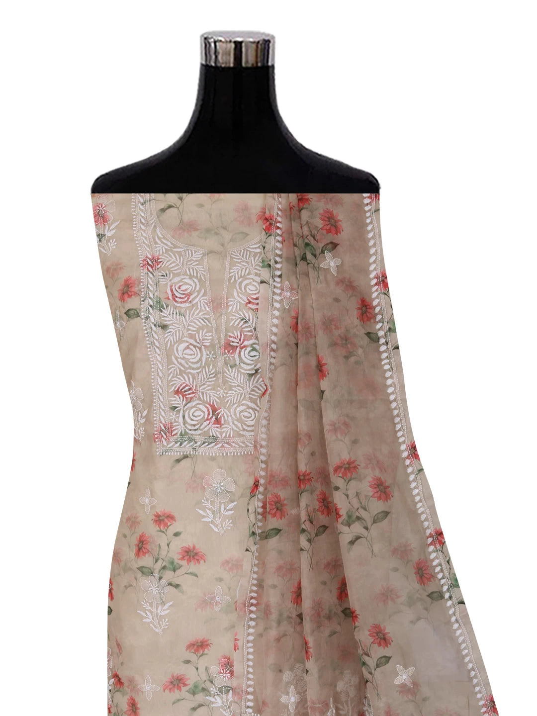 Ada Hand Embroidered Tan Fawn Organza Lucknowi Chikankari Unstitched Kurta Dupatta Set 01A402396