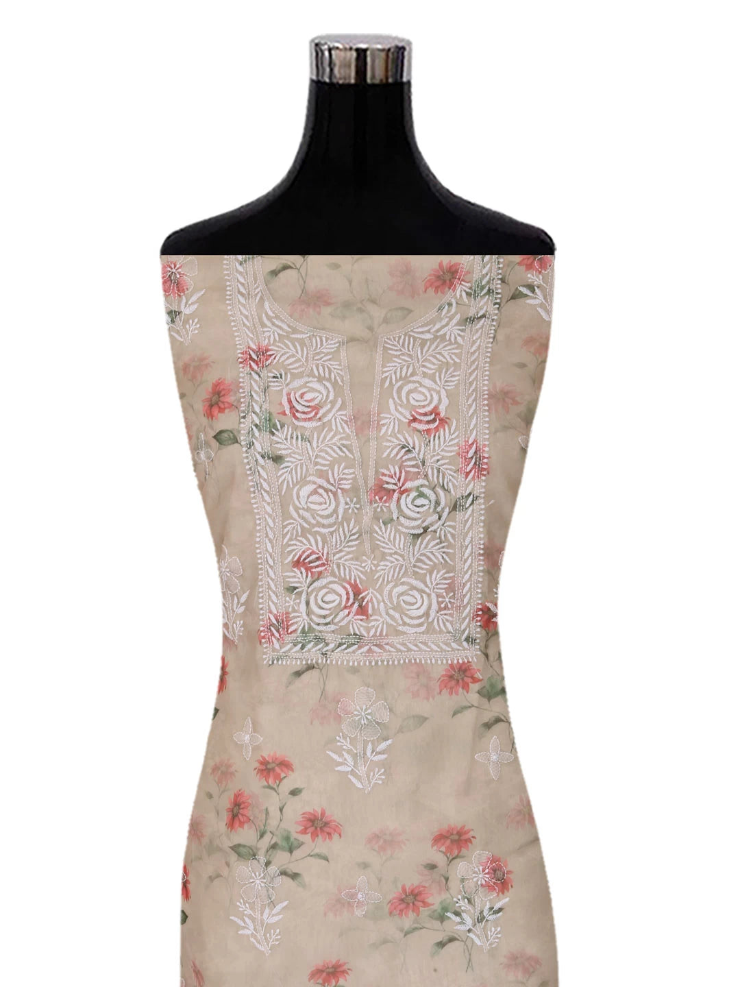 Ada Hand Embroidered Tan Fawn Organza Lucknowi Chikankari Unstitched Kurta Dupatta Set 01A402396