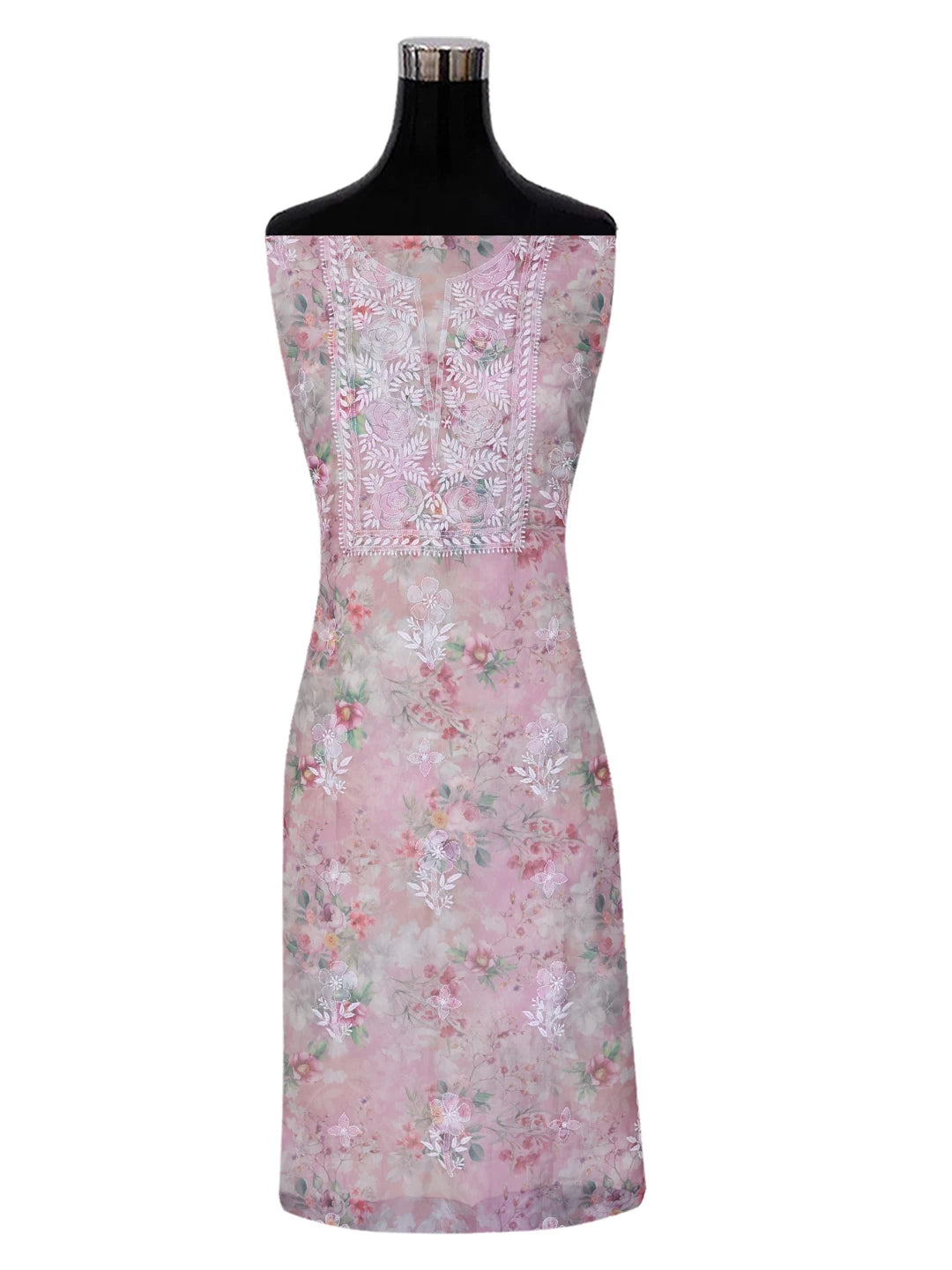 Ada Hand Embroidered Dusty Pink Organza Lucknowi Chikankari Unstitched Kurta Dupatta Set 01A402415