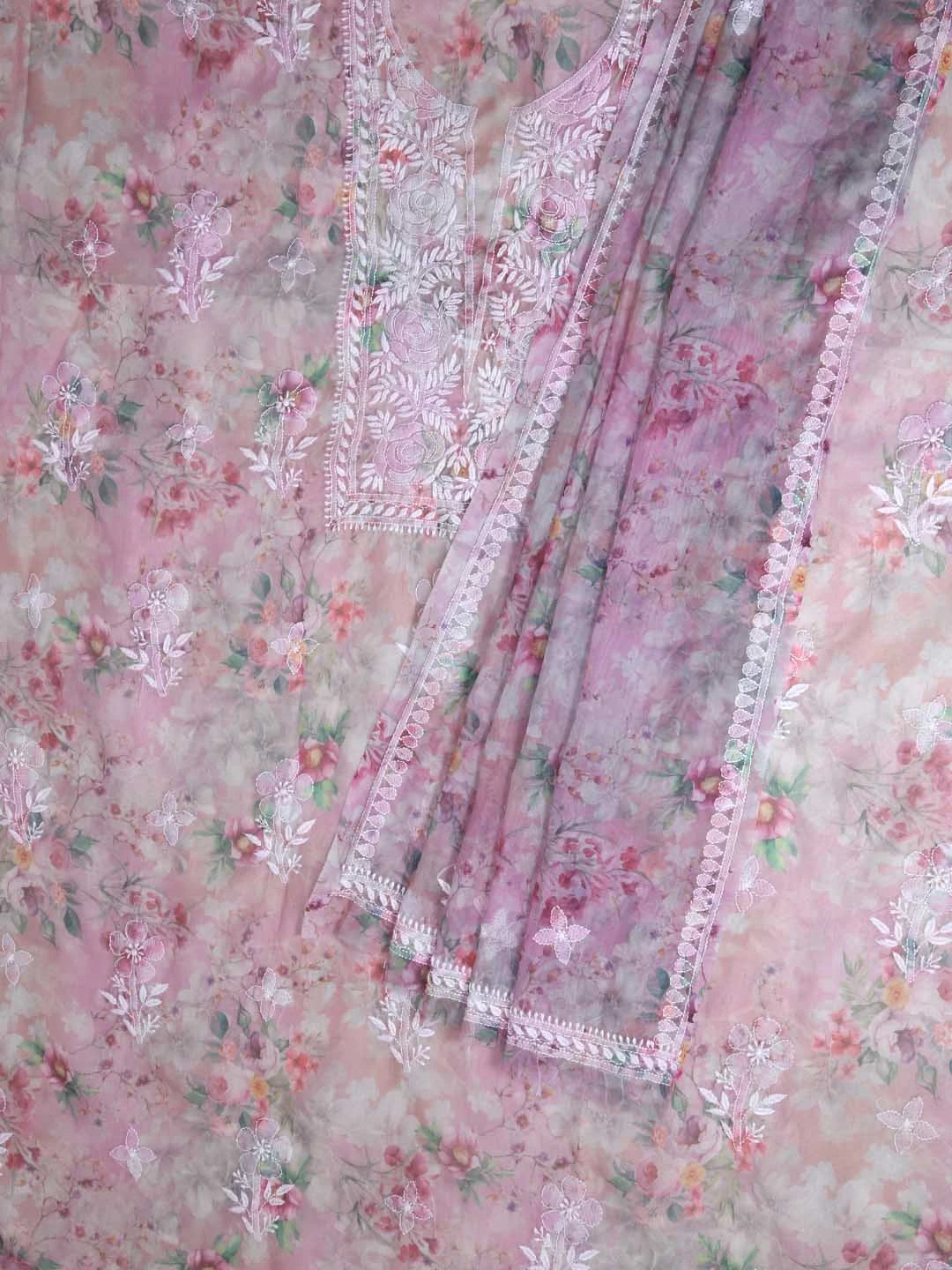 Ada Hand Embroidered Dusty Pink Organza Lucknowi Chikankari Unstitched Kurta Dupatta Set 01A402415