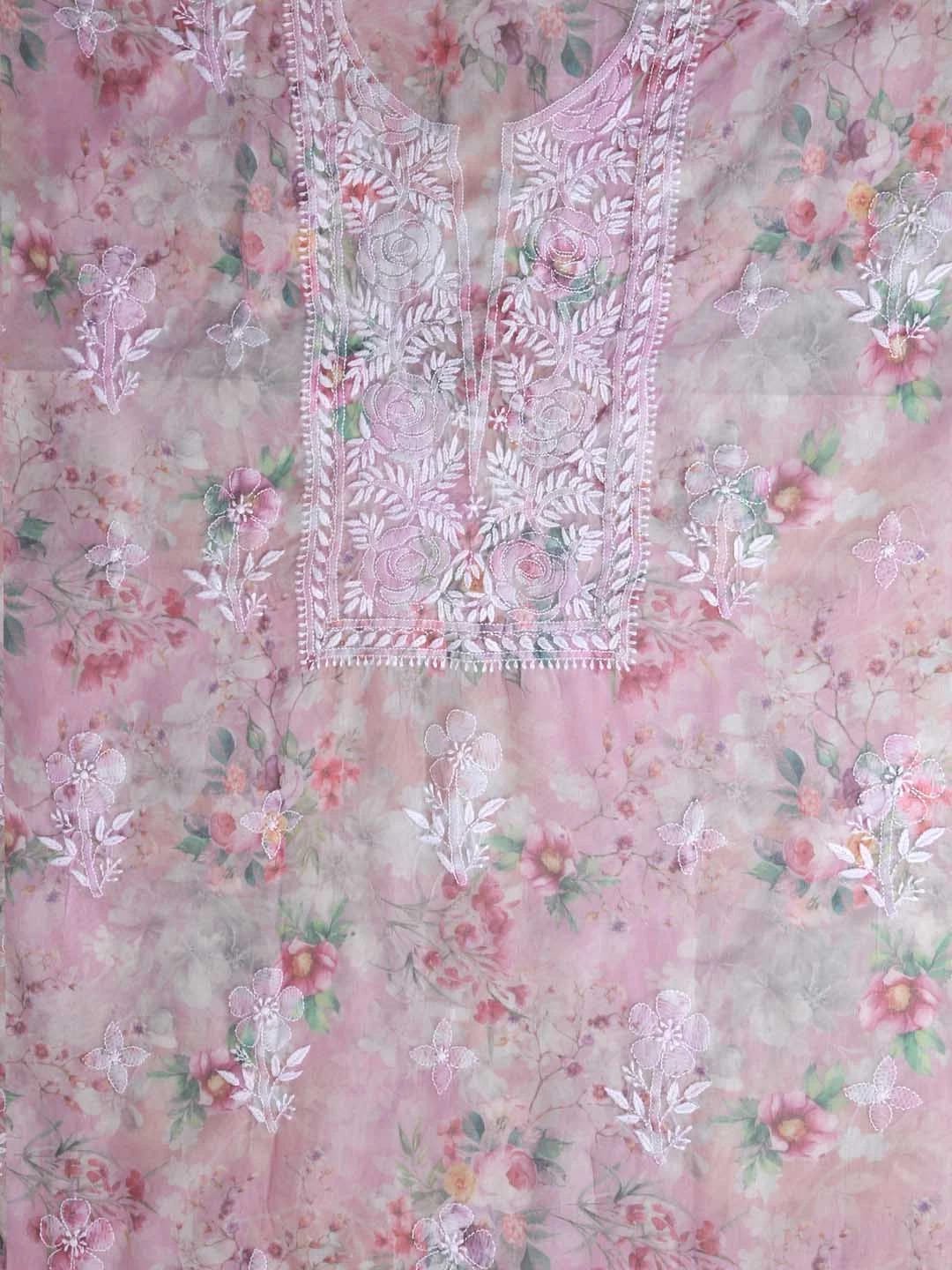 Ada Hand Embroidered Dusty Pink Organza Lucknowi Chikankari Unstitched Kurta Dupatta Set 01A402415