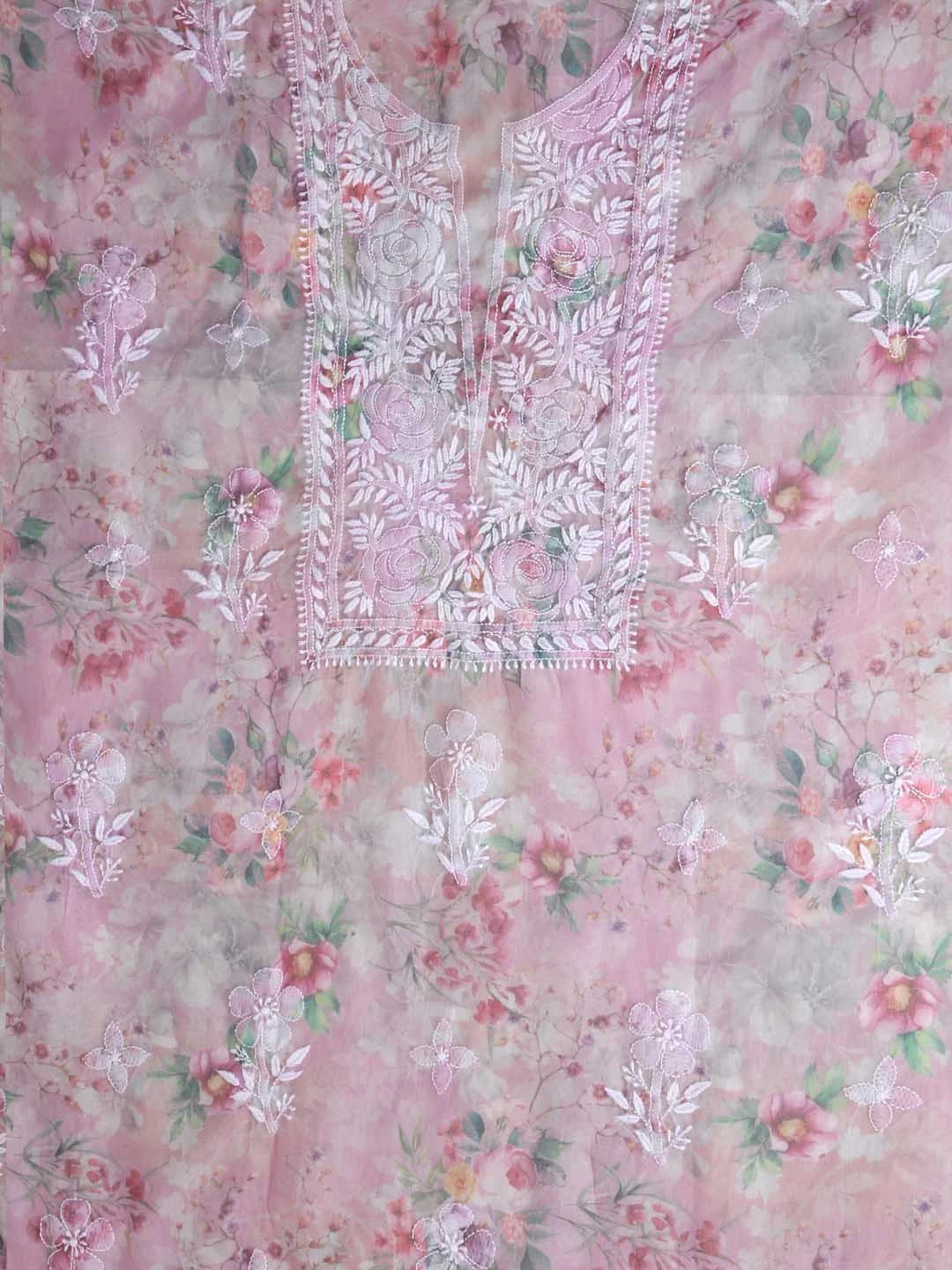 Ada Hand Embroidered Dusty Pink Organza Lucknowi Chikankari Unstitched Kurta Dupatta Set 01A402415