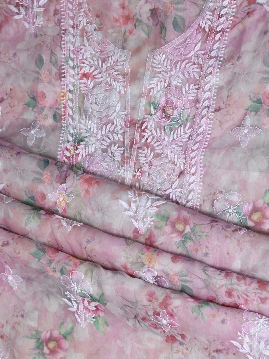 Ada Hand Embroidered Dusty Pink Organza Lucknowi Chikankari Unstitched Kurta Dupatta Set 01A402415