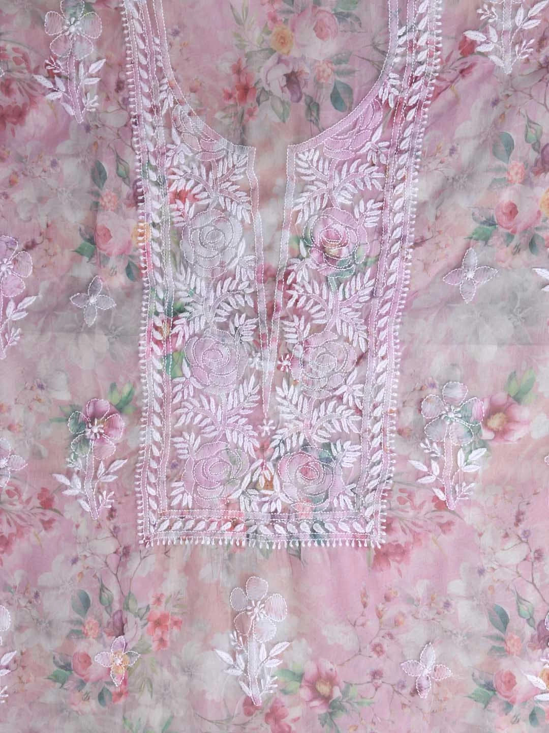 Ada Hand Embroidered Dusty Pink Organza Lucknowi Chikankari Unstitched Kurta Dupatta Set 01A402415