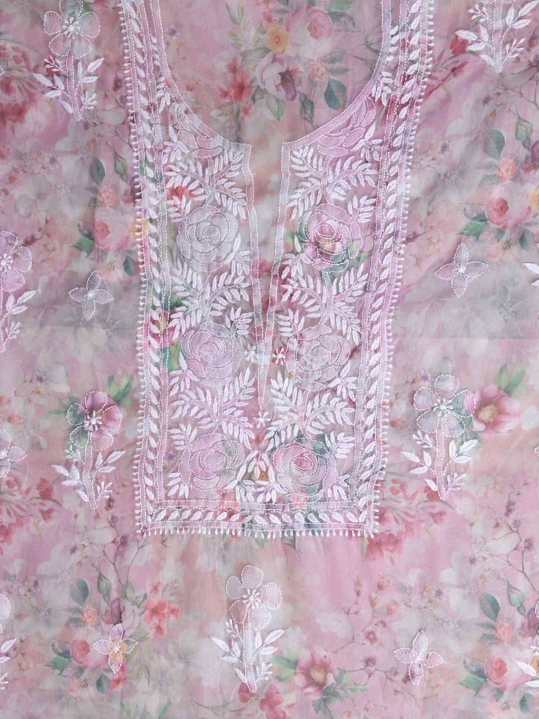 Ada Hand Embroidered Dusty Pink Organza Lucknowi Chikankari Unstitched Kurta Dupatta Set 01A402415