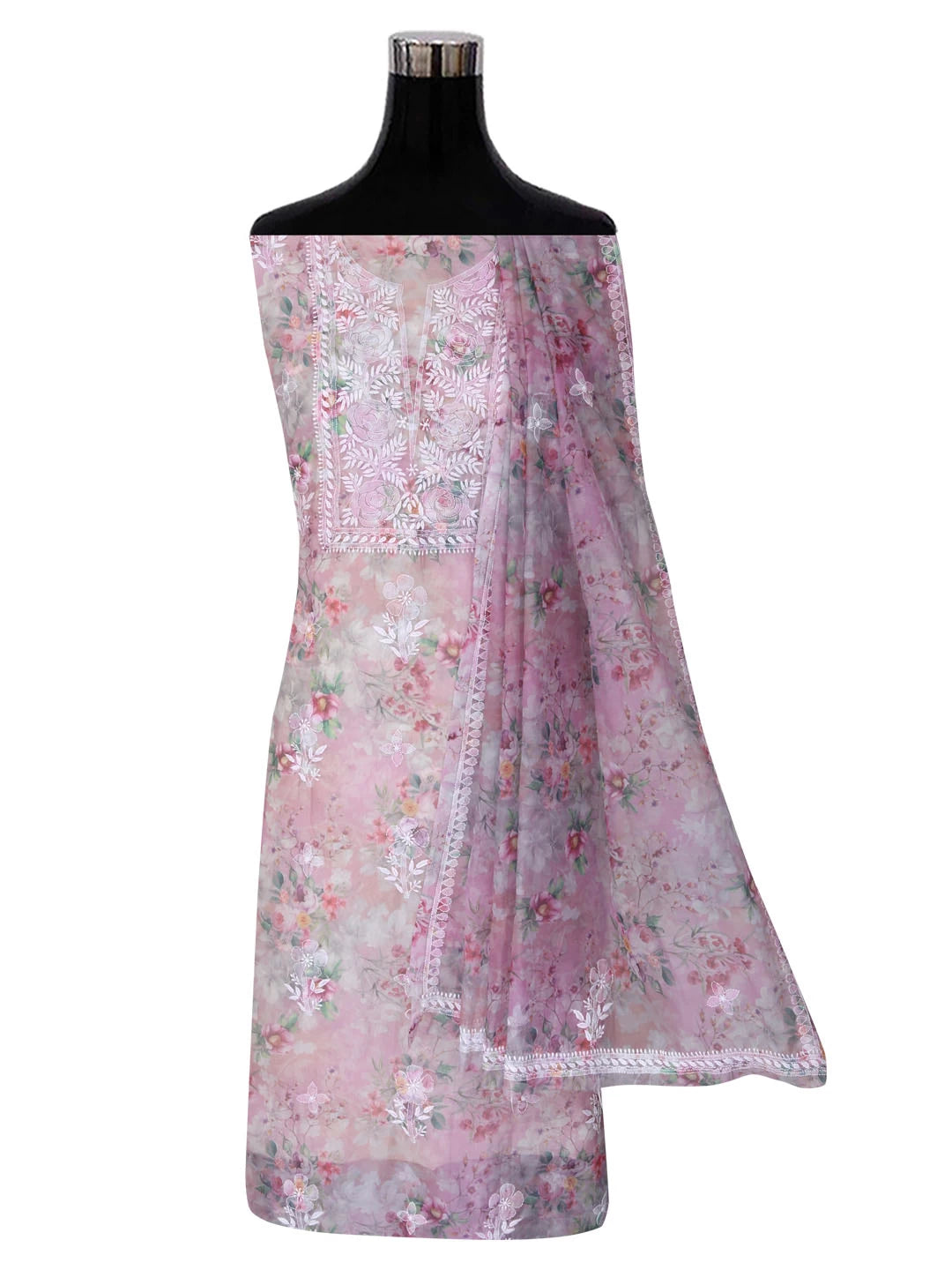 Ada Hand Embroidered Dusty Pink Organza Lucknowi Chikankari Unstitched Kurta Dupatta Set 01A402415