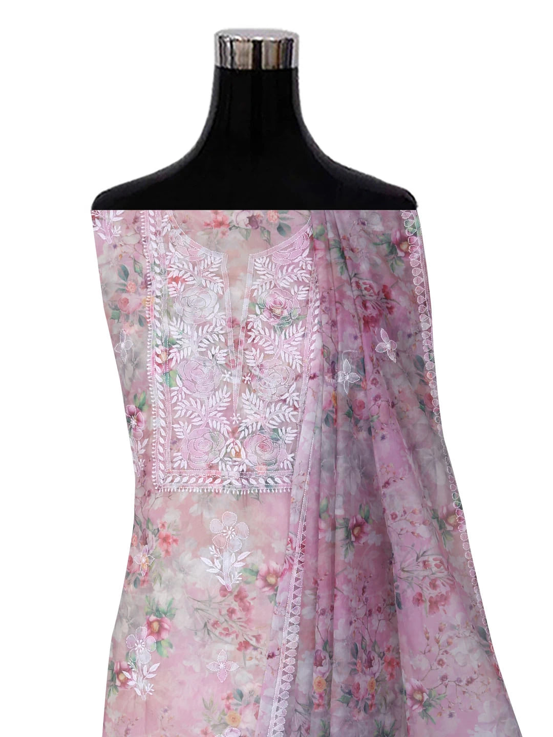Ada Hand Embroidered Dusty Pink Organza Lucknowi Chikankari Unstitched Kurta Dupatta Set 01A402415