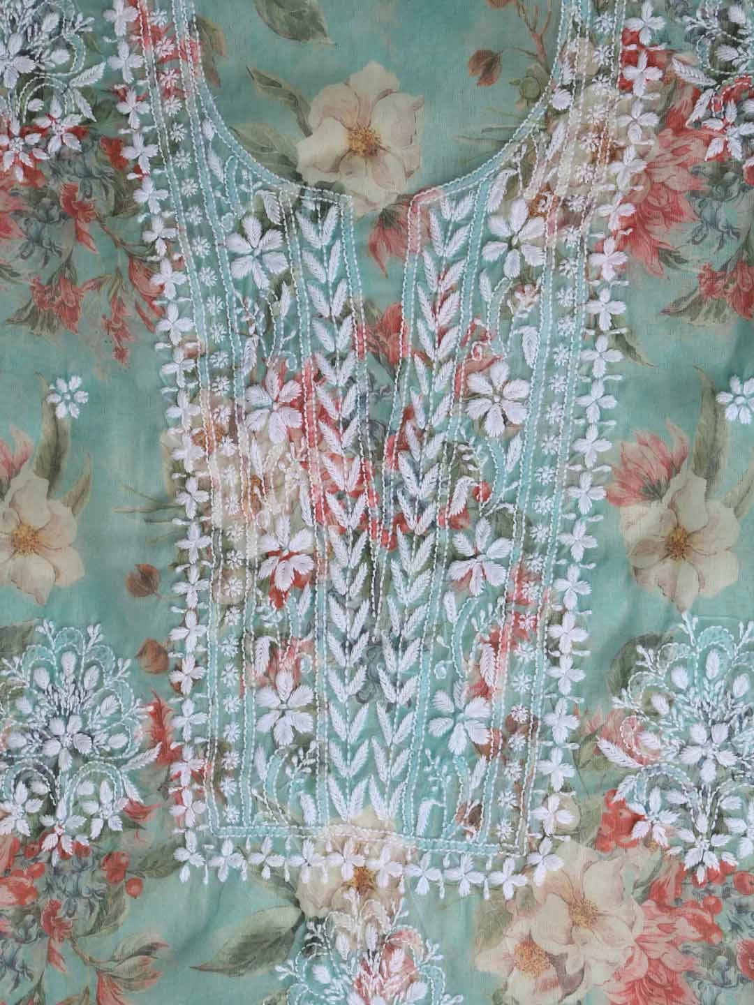 Ada Hand Embroidered Pista Green Organza Lucknowi Chikankari Unstitched Kurta Dupatta Set 01A402423
